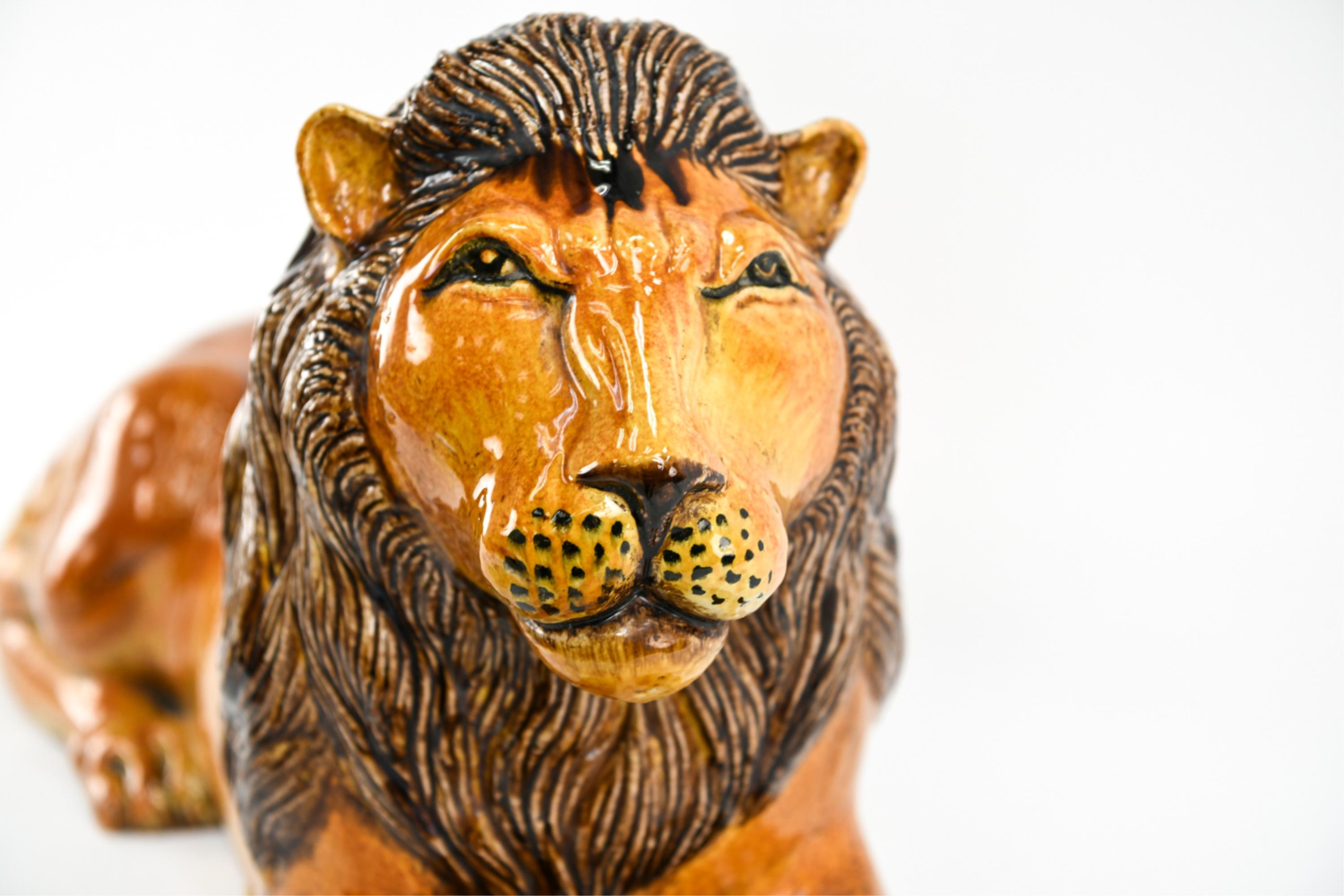 Ceramic Large Italian Majolica Pottery Recumbent Lion Sculpture For Sale