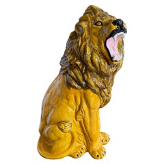 Large Italian Majolica Roaring Lion Sculpture, Hand-Painted Glazed Ceramic 1970s