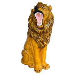 Large Italian Majolica Roaring Lion Sculpture, Hand-Painted Glazed Ceramic 1970s
