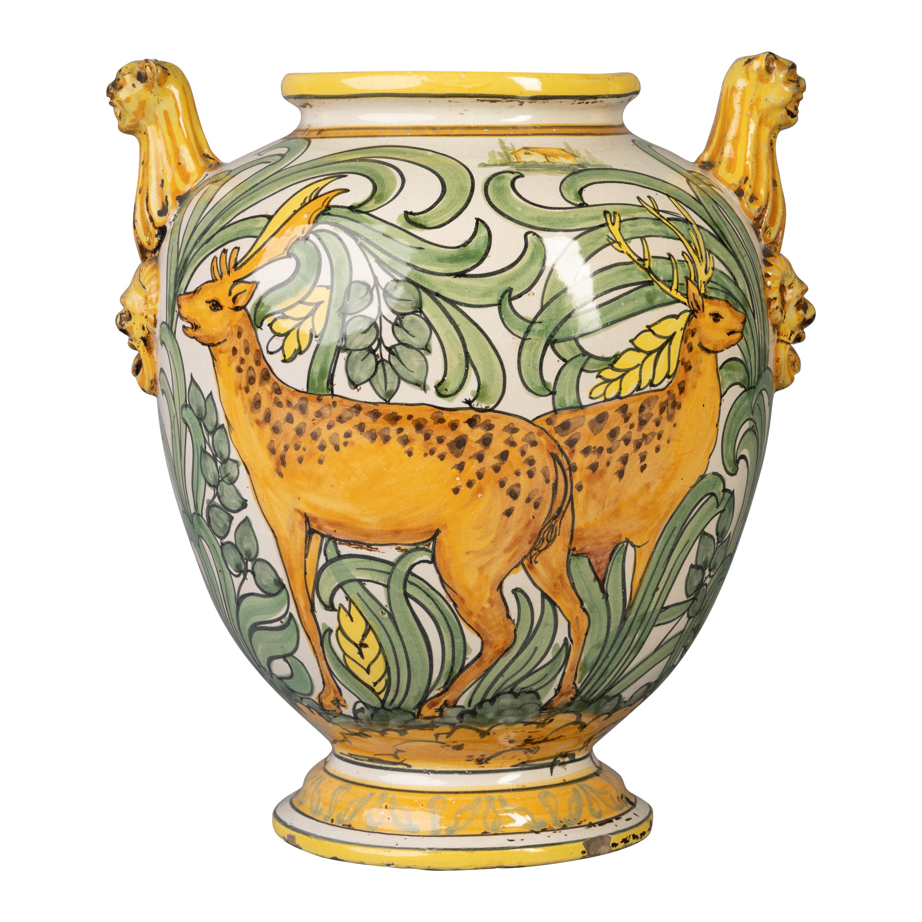 Große italienische Vase aus Majolika mit zwei Henkeln, um 1900 im Angebot