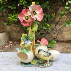 Large Italian Majolica Vase with Chicks & Pink Hollyhock, circa 1900