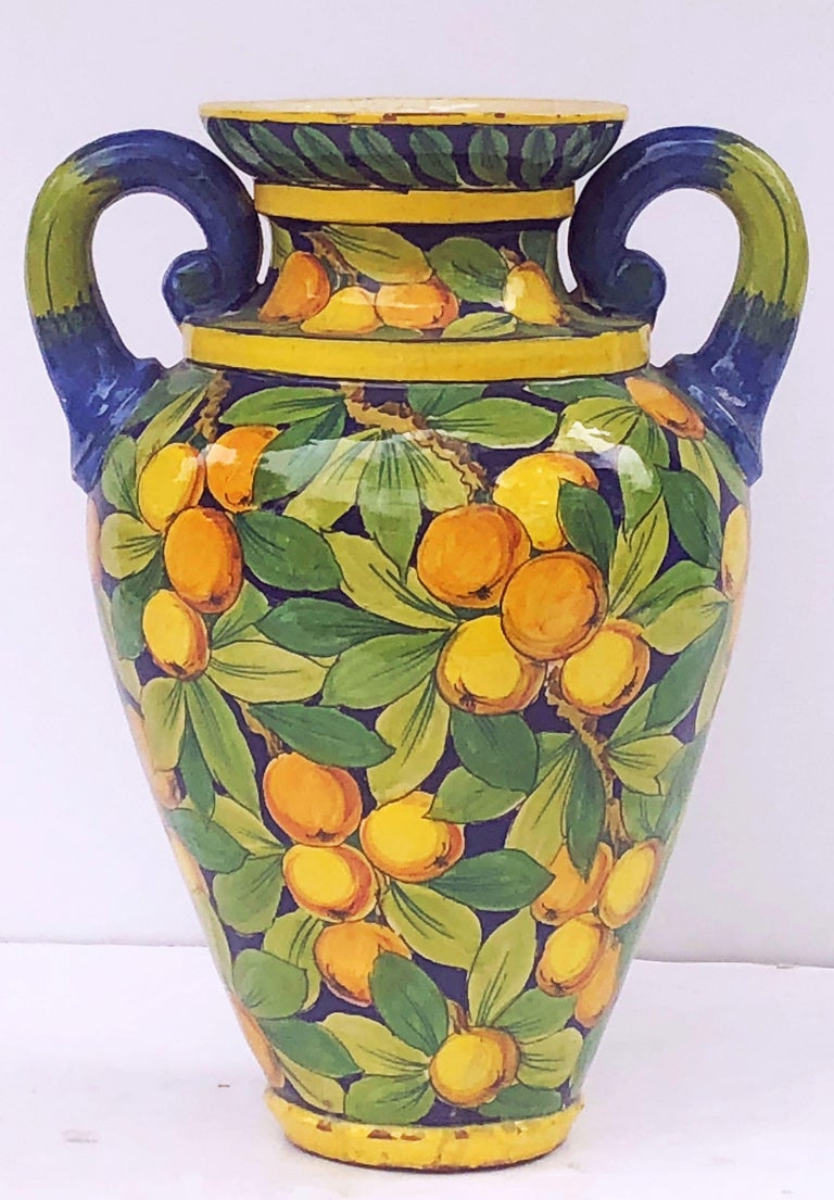 Large Italian Majolica Vase with Lemons and Oranges Design ‘H 25’ at