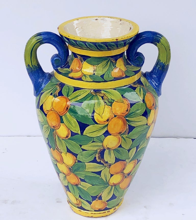 Large Italian Majolica Vase with Lemons and Oranges Design ‘H 25’ at