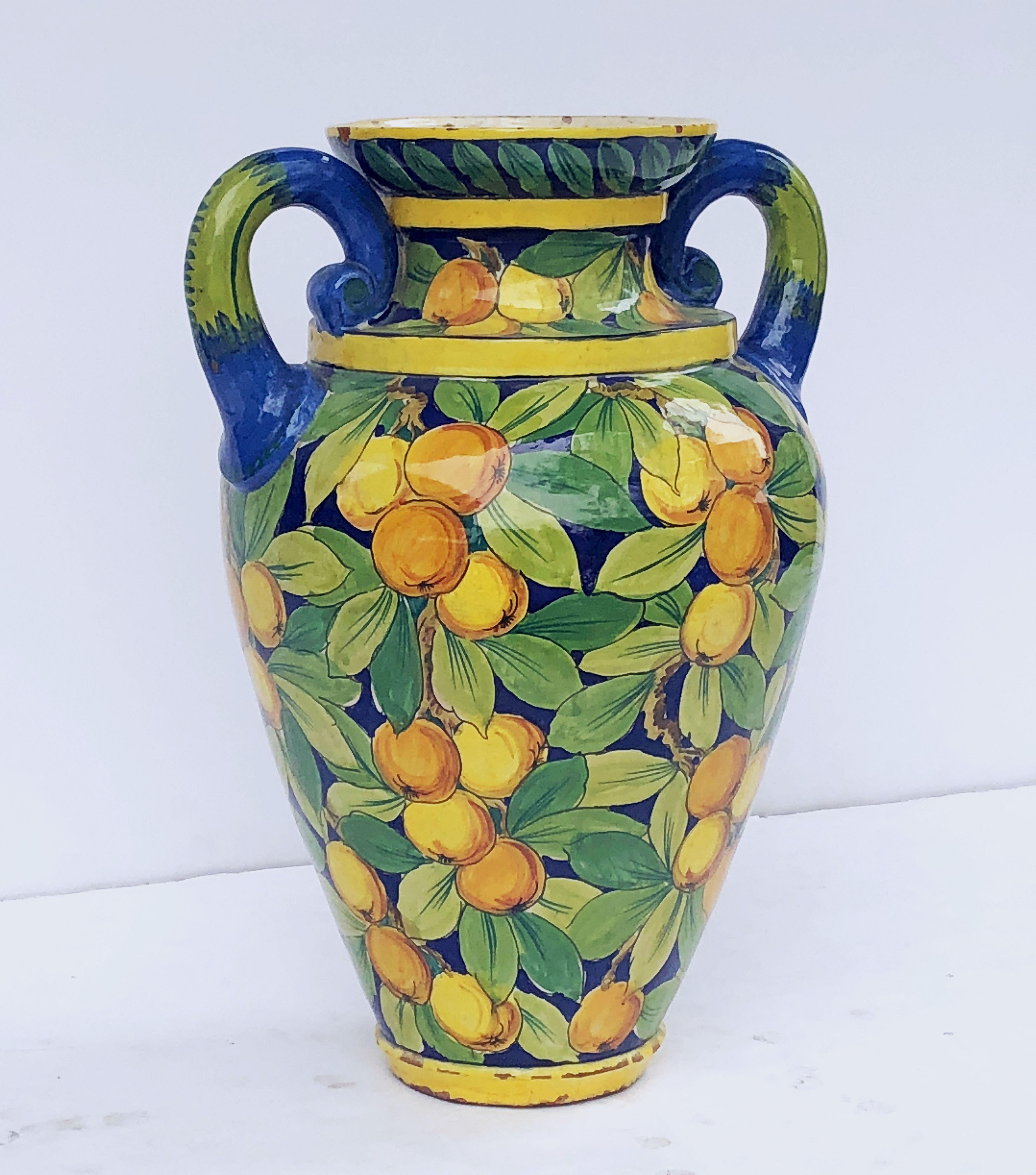 Glazed Large Italian Majolica Vase with Lemons and Oranges Design ‘H 25’