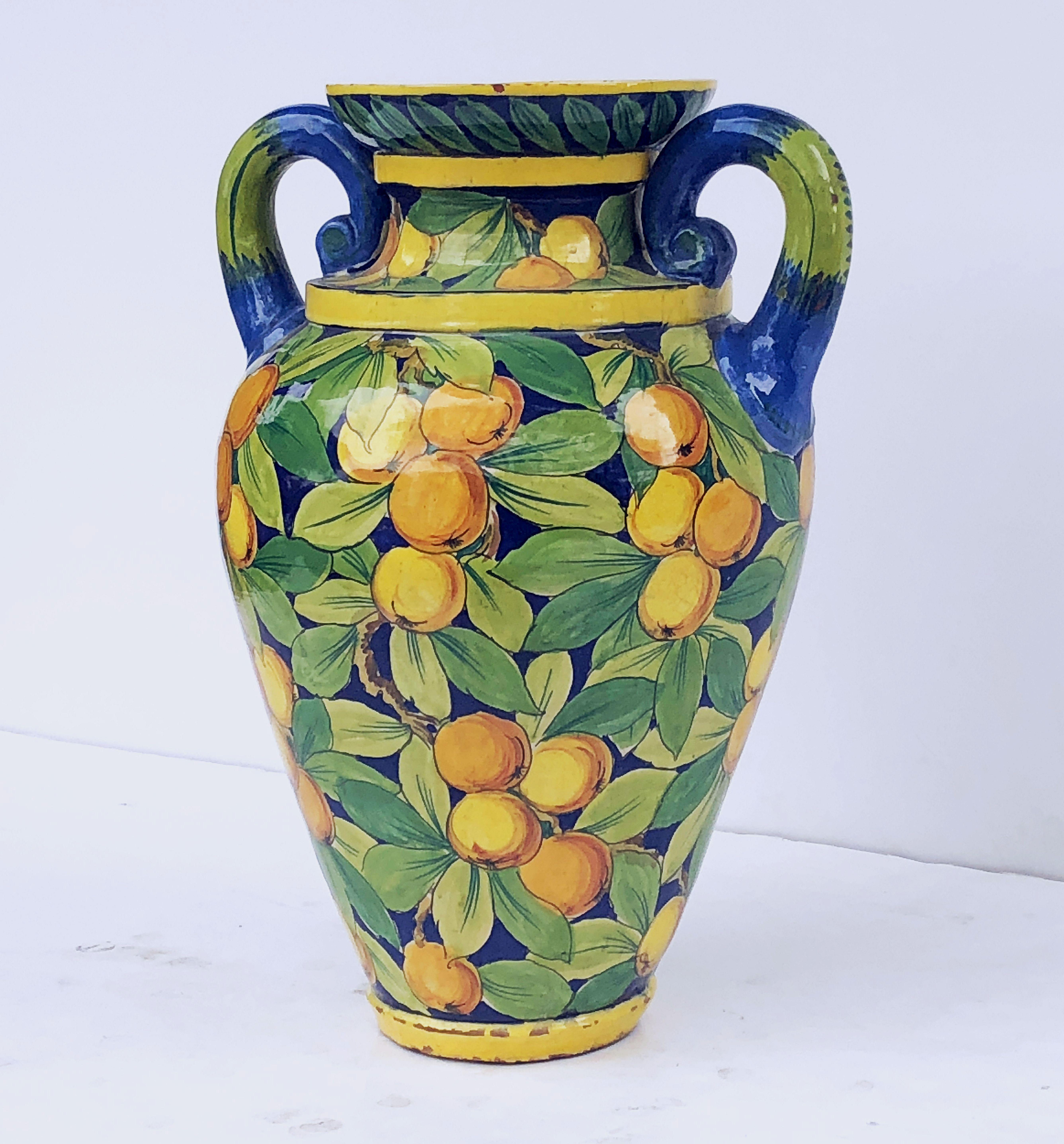 Large Italian Majolica Vase with Lemons and Oranges Design ‘H 25’ In Good Condition In Austin, TX