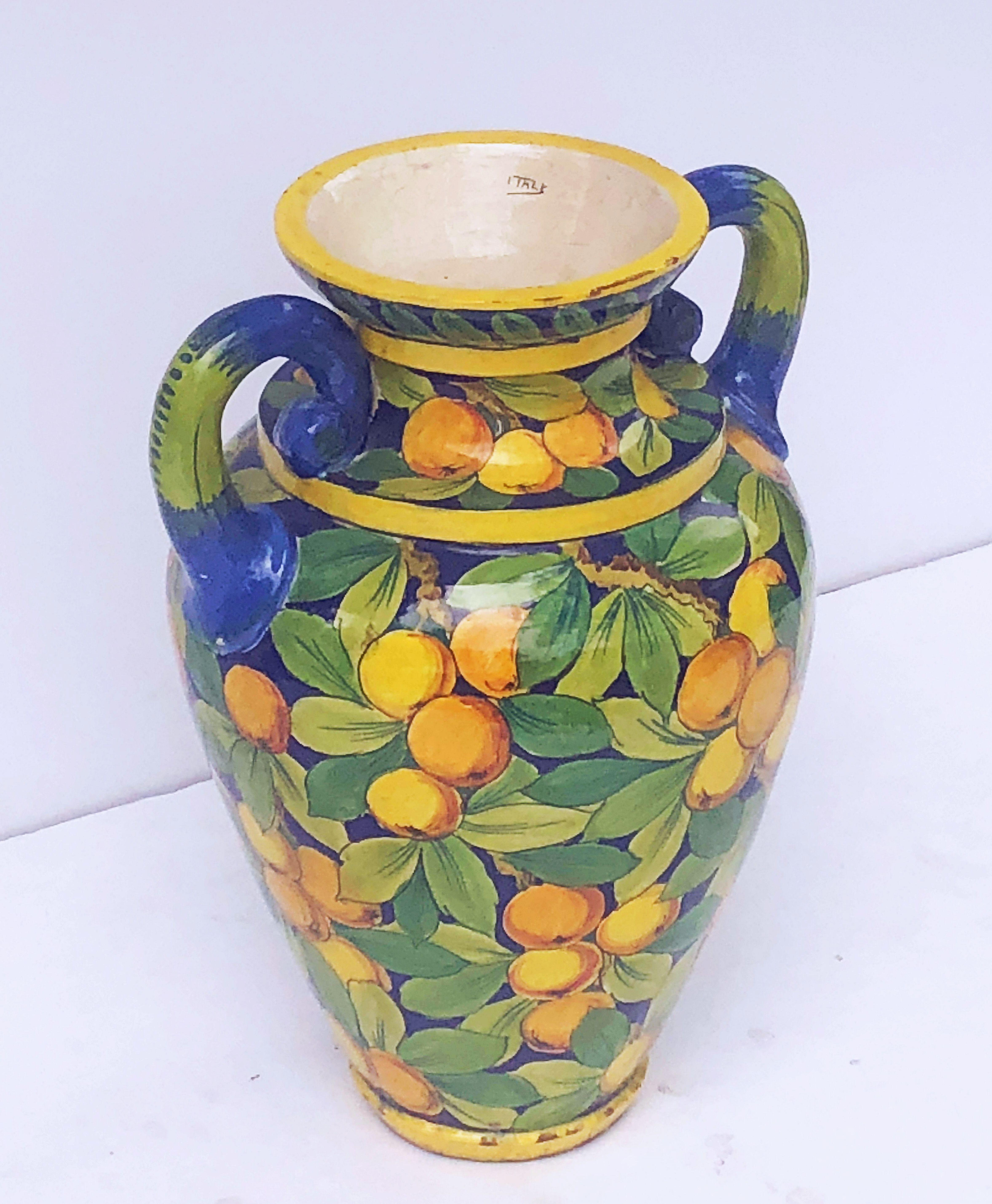 20th Century Large Italian Majolica Vase with Lemons and Oranges Design ‘H 25’