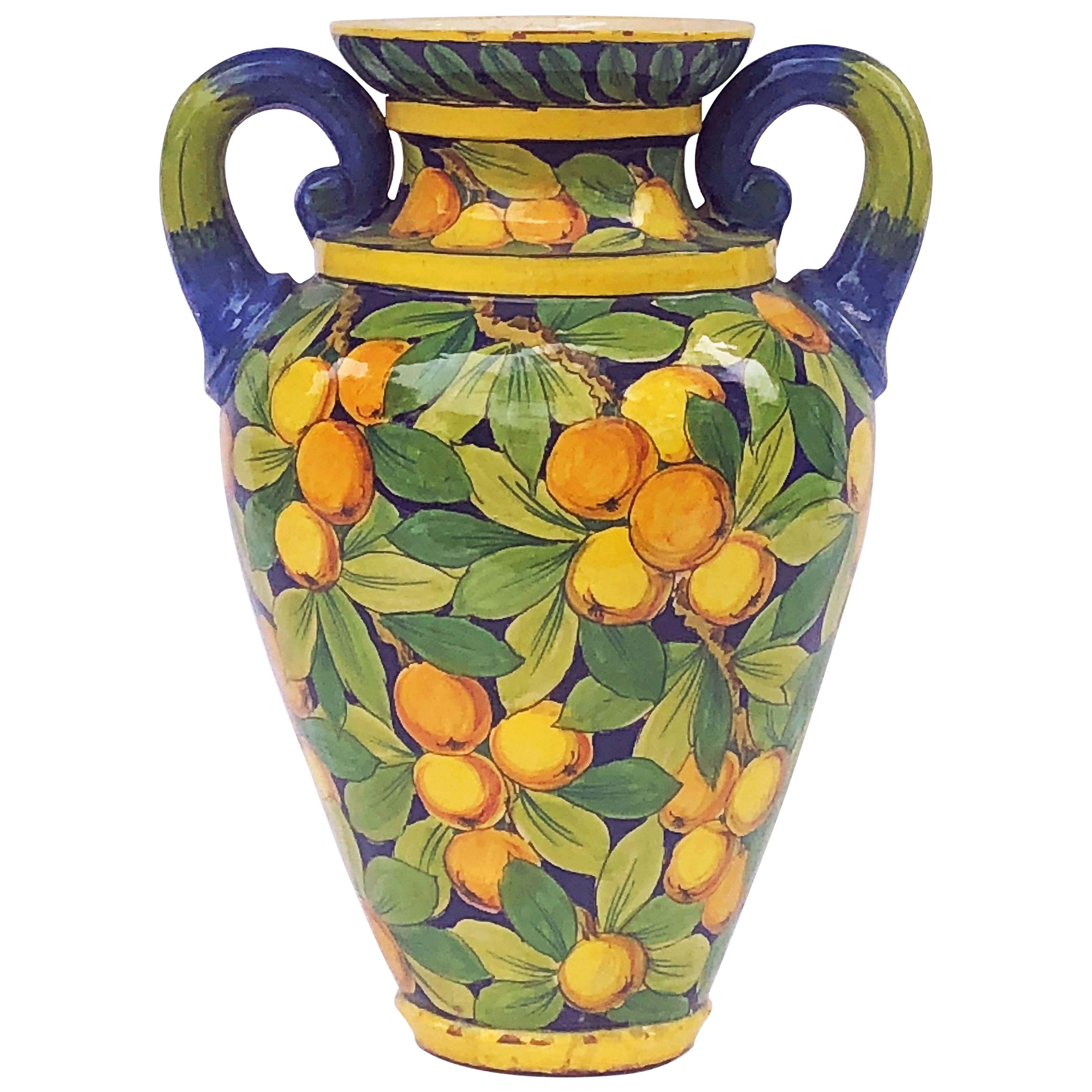 Large Italian Majolica Vase with Lemons and Oranges Design ‘H 25’