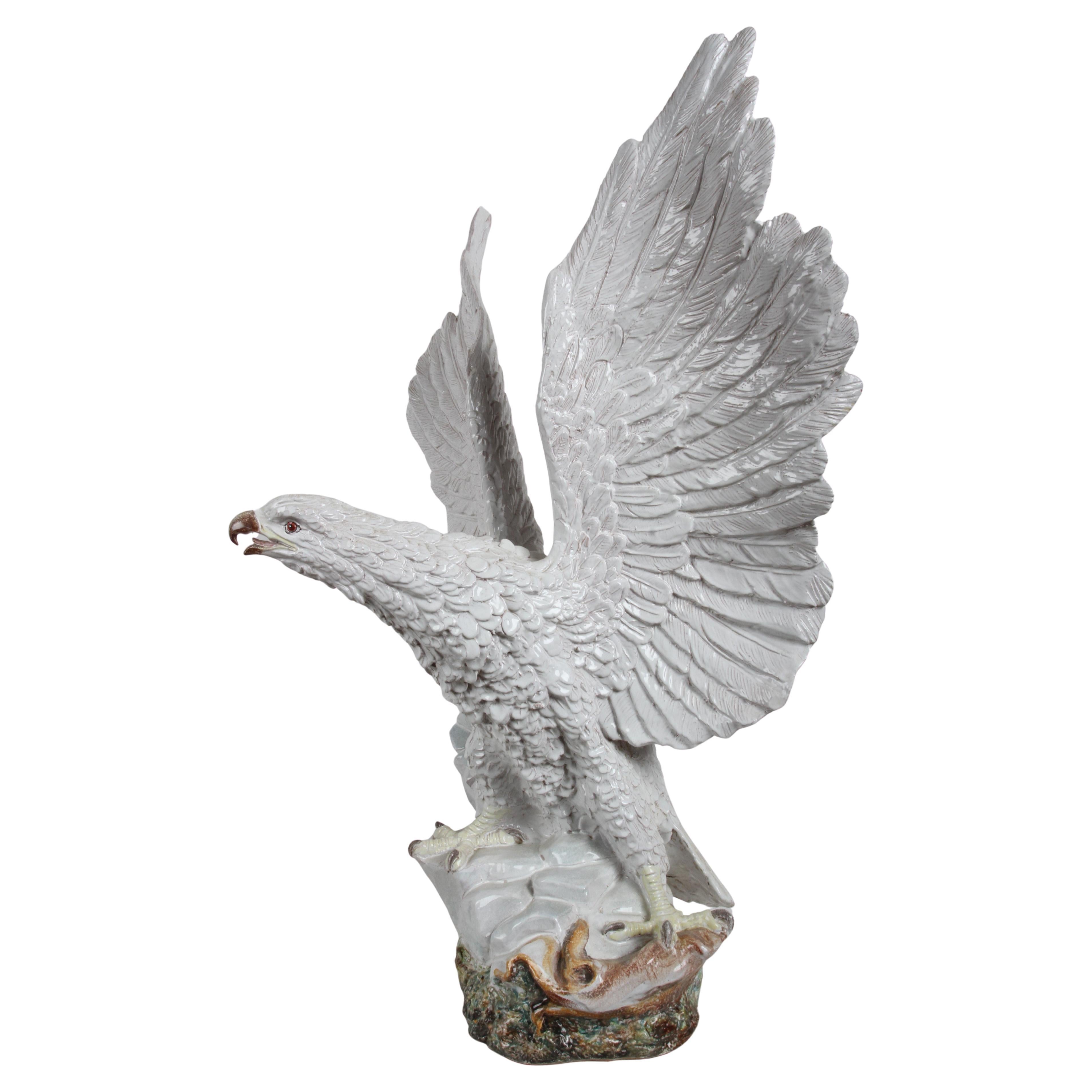Large Italian Majolica White Terracotta Eagle Perched on Rock - USA 250th B-Day For Sale