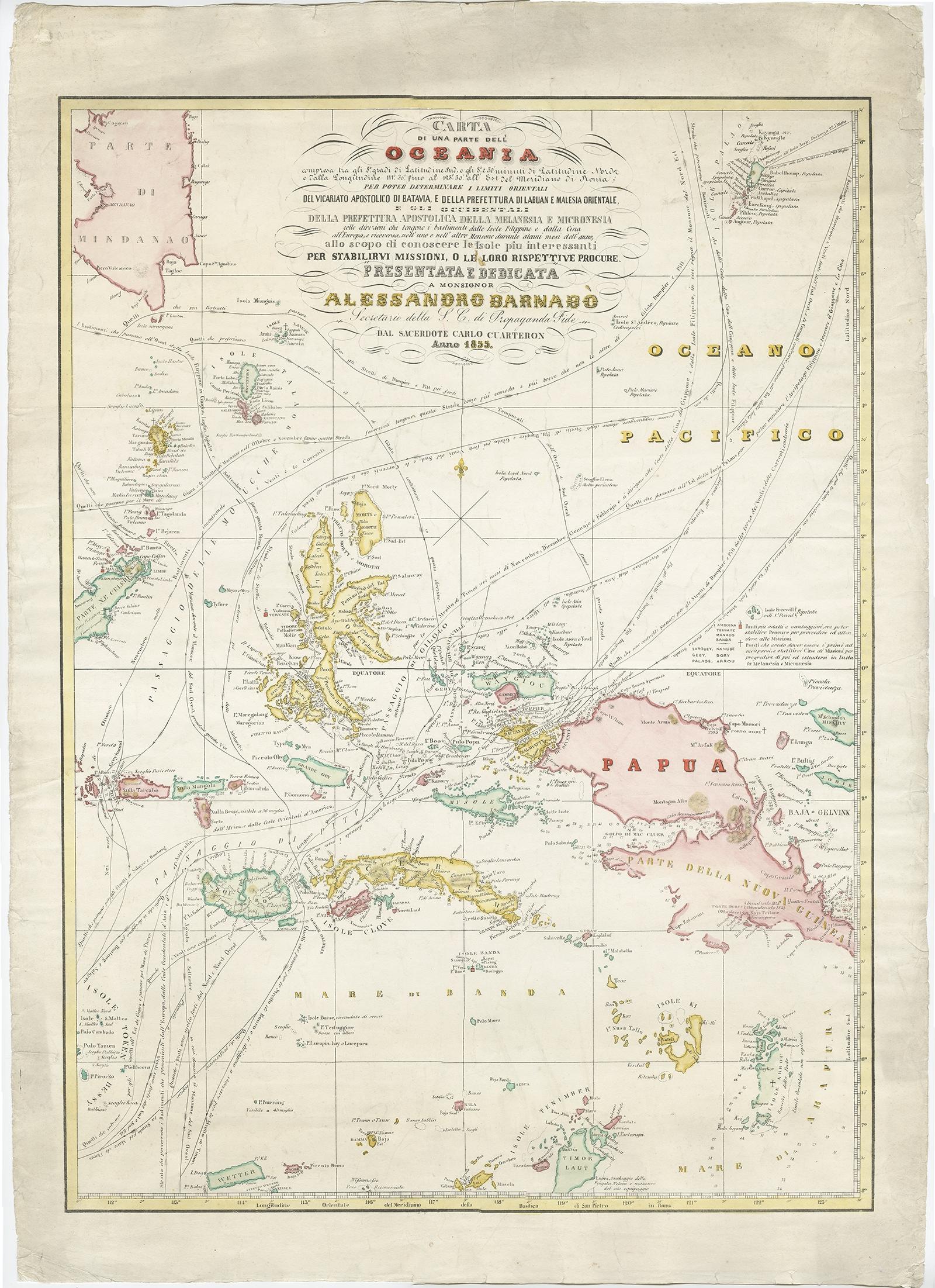 Milieu du XIXe siècle Grande carte italienne des îles de l'Océanie océanique, incluant Papouasie, Timor, Banda, Ceram, 1855 en vente