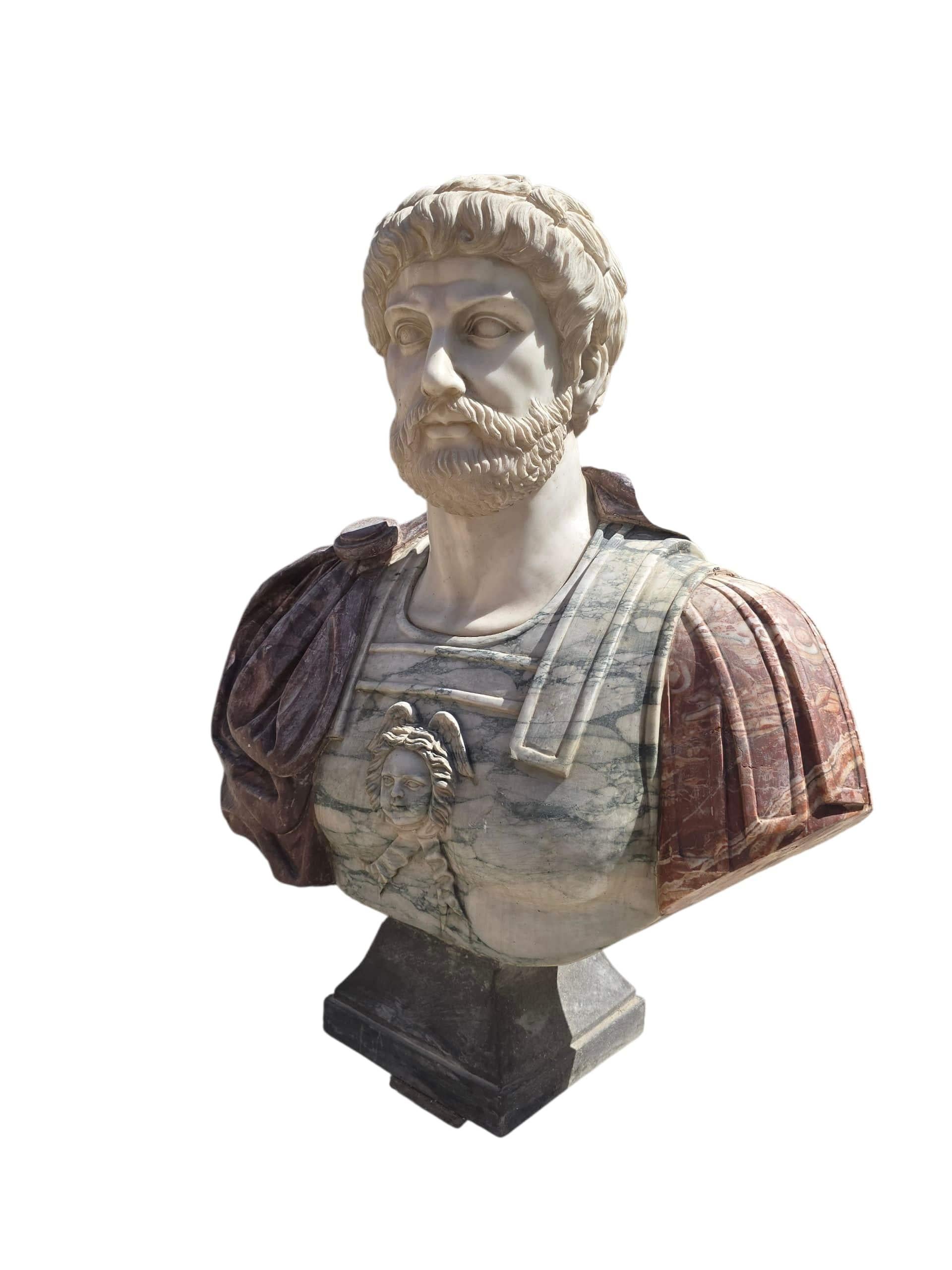 Striking large bust of a Roman emperor, hand-carved in Italy during the 20th century from a combination of fine colored marbles. This sculptural work showcases classical Roman portraiture with strong facial features, detailed drapery, and