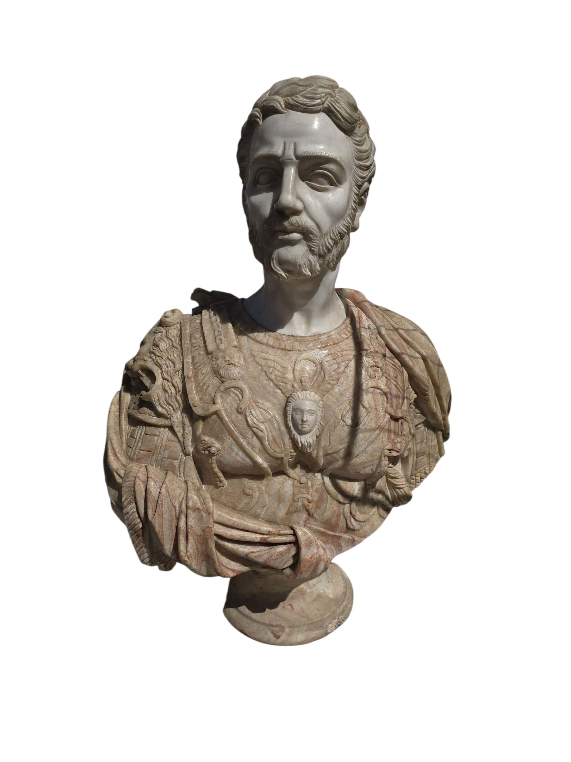 Striking large bust of a Roman emperor, hand-carved in Italy during the 20th century from a combination of fine colored marbles. This sculptural work showcases classical Roman portraiture with strong facial features, detailed drapery, and