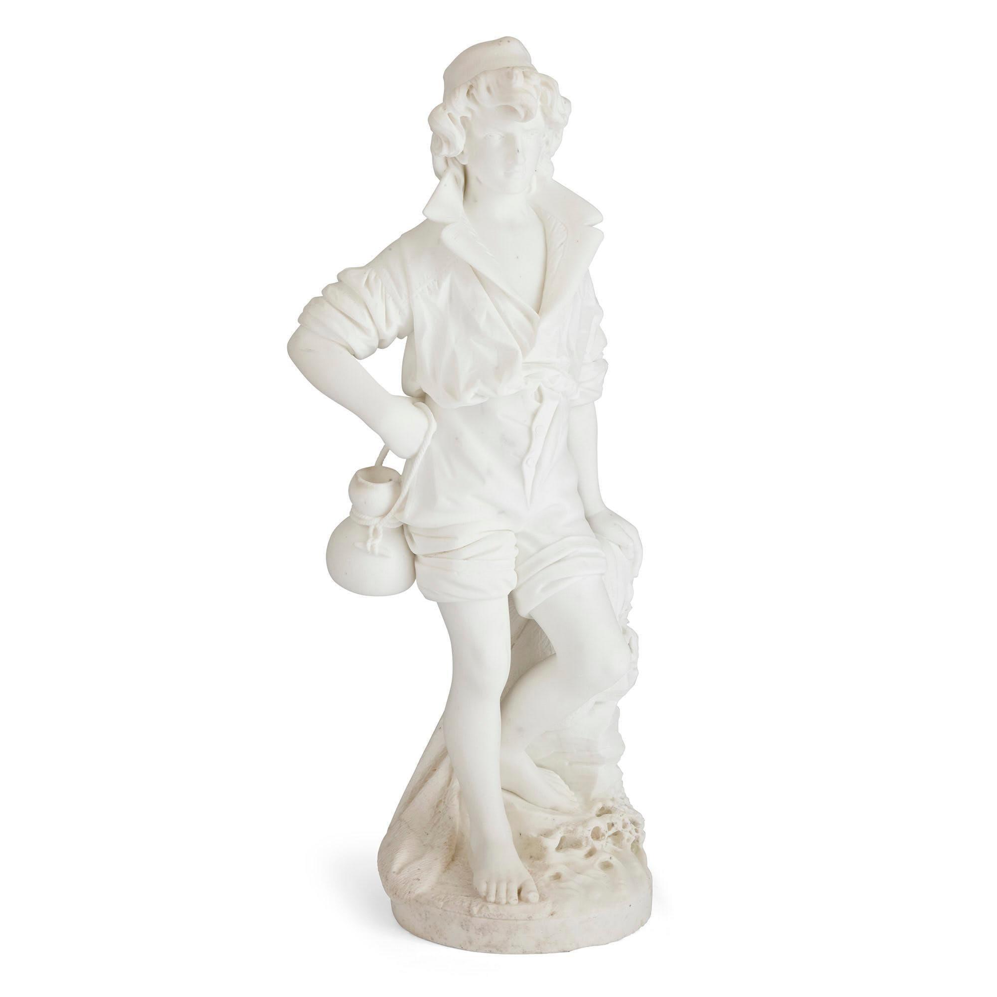 Large Italian marble sculpture by Pietro Bazzanti
Italian, late 19th century
Measures: Height 105cm, width 45cm, depth 40cm

The present sculpture, carved from brilliant white marble, depicts a young boy standing on a rocky, naturalistically