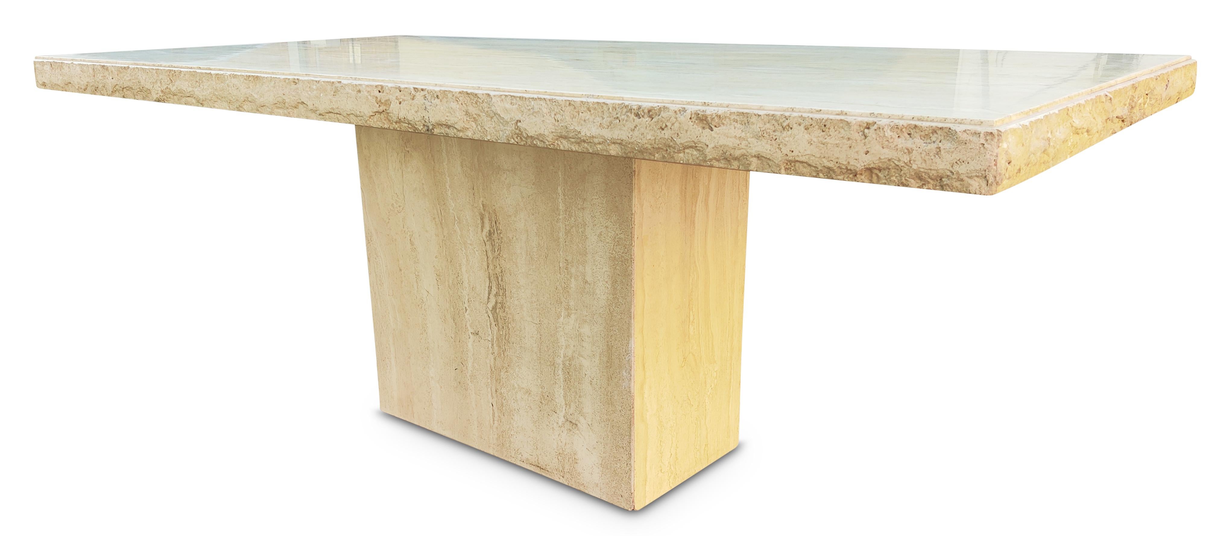 Late 20th Century Large Italian Marble Travertine Dining Table, Desk, Polished & Chip Carved Top For Sale