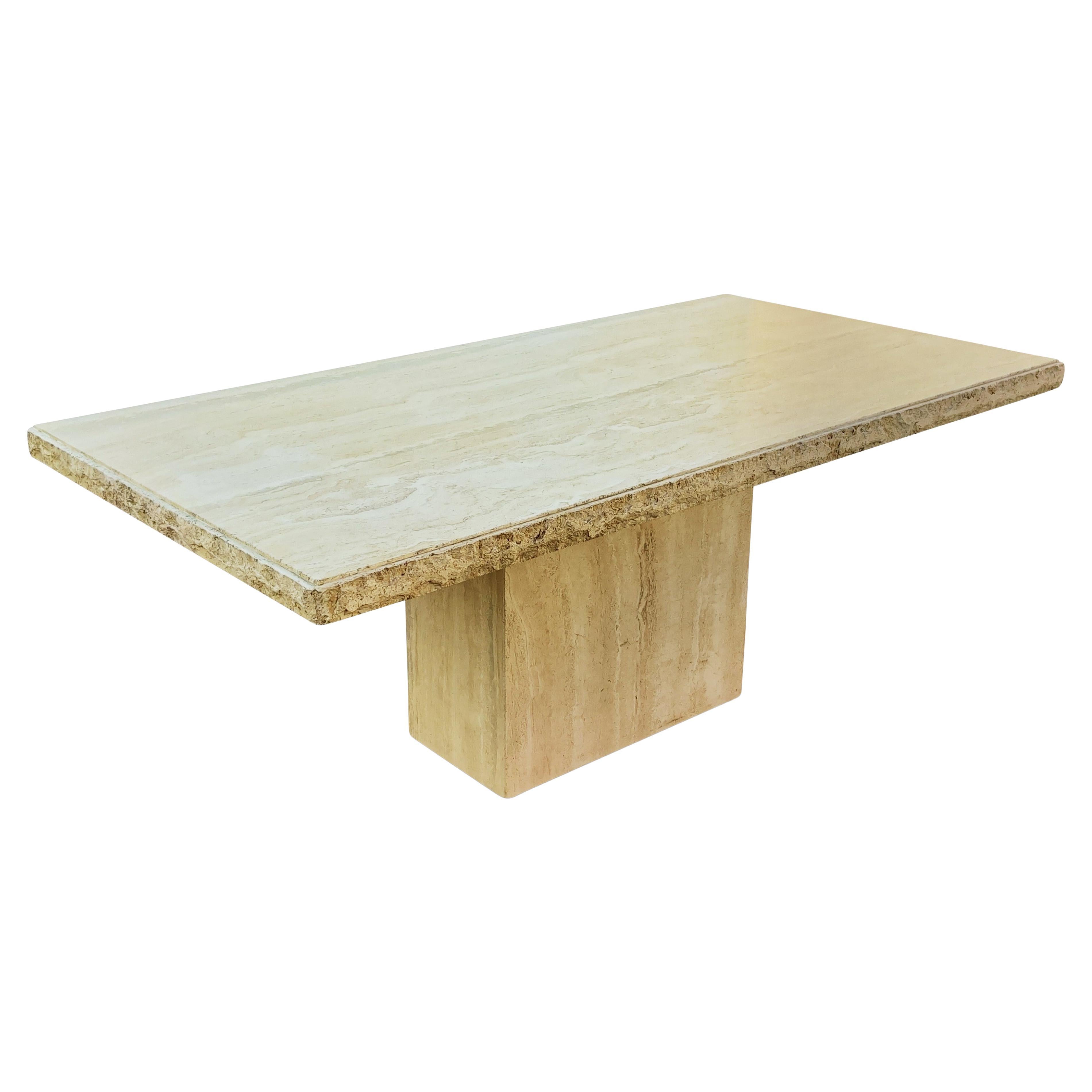Large Italian Marble Travertine Dining Table, Desk, Polished & Chip Carved Top For Sale