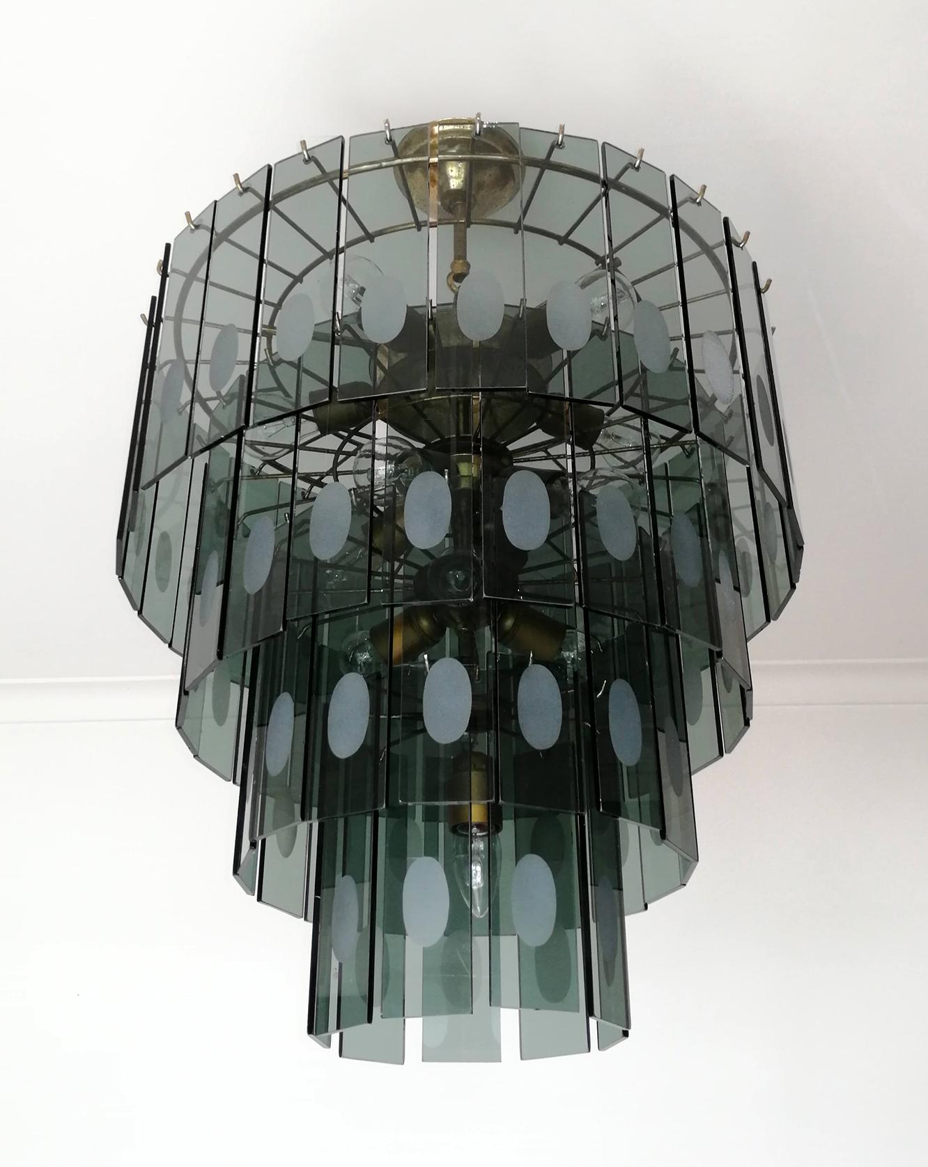 Mid-Century Modern Large Italian Max Ingrand Fontana Art Style Smoked Glass 13-Light Chandelier