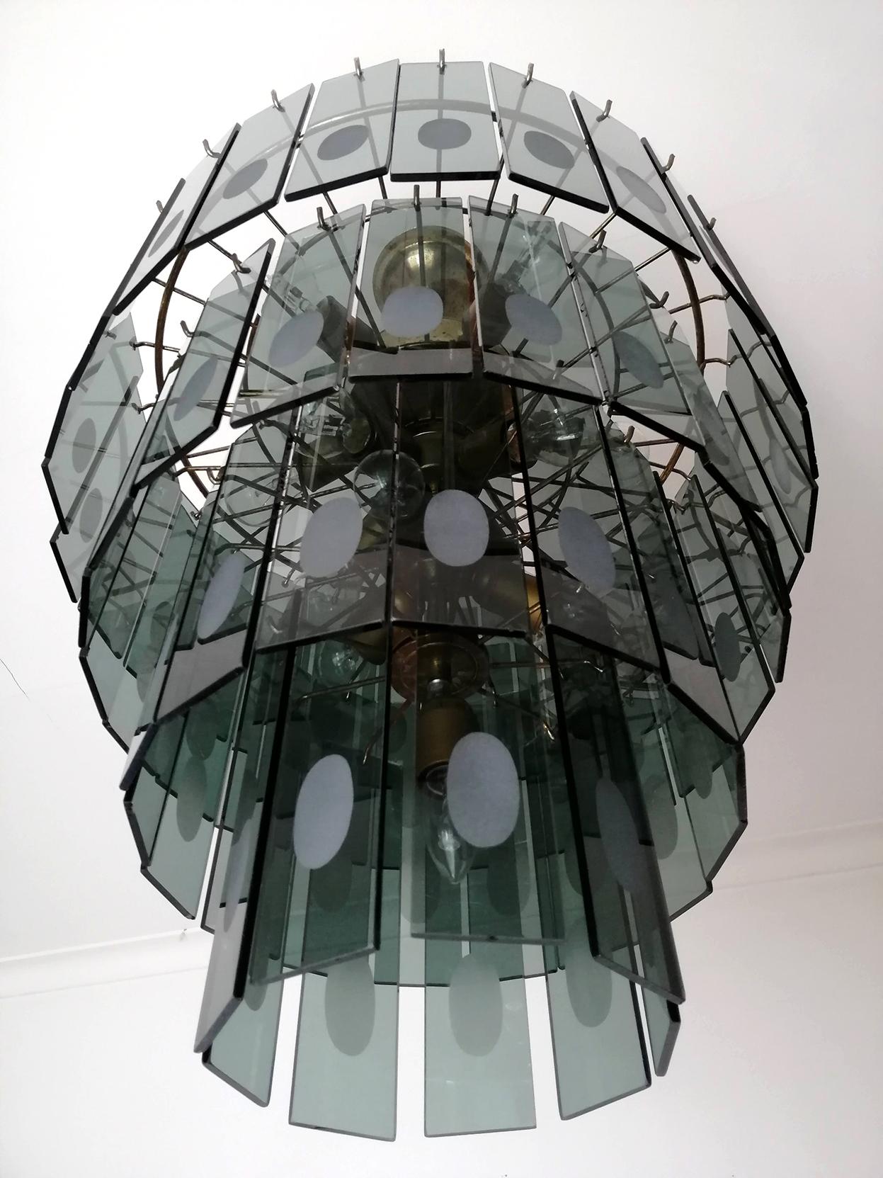 Brass Large Italian Max Ingrand Fontana Art Style Smoked Glass 13-Light Chandelier