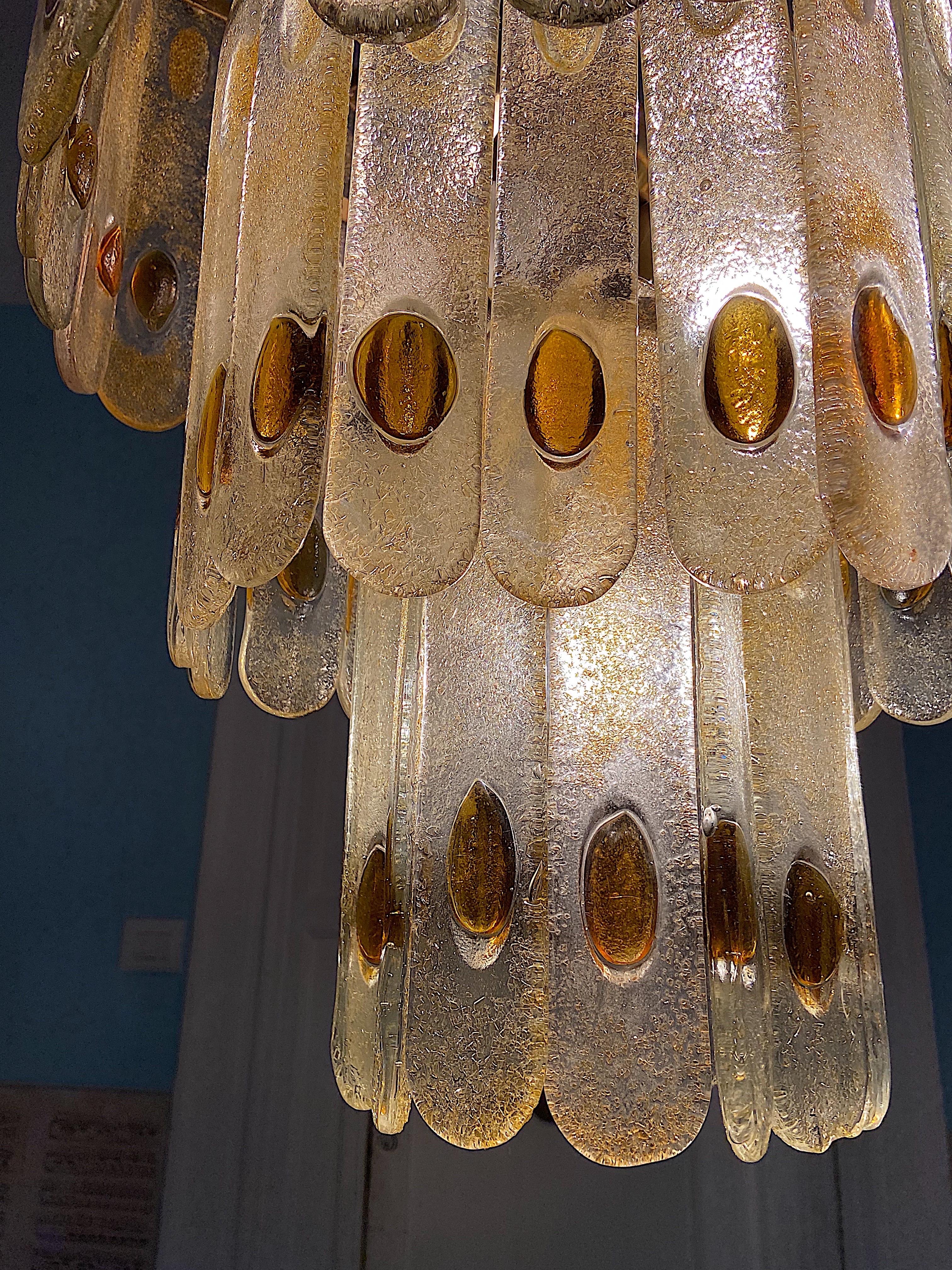 Mid-Century Modern Large Italian Mazzega Murano Chandelier in Amber and Clear Glass, 1970s For Sale