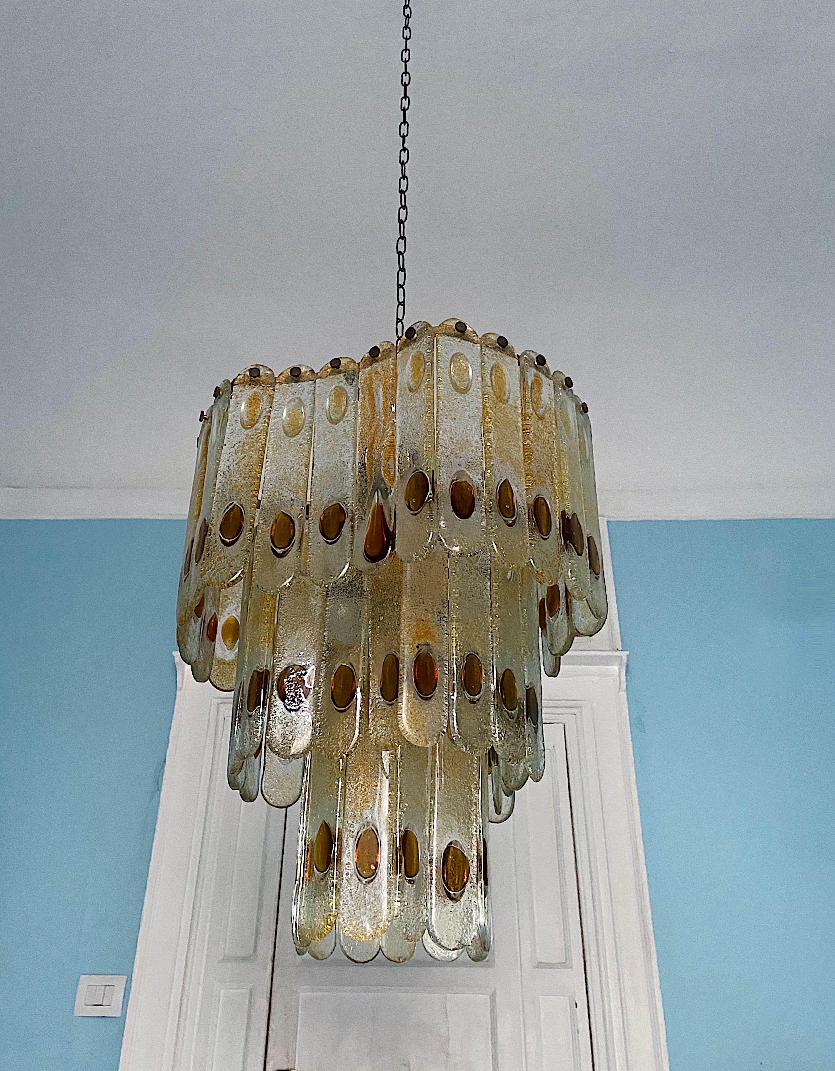 Metal Large Italian Mazzega Murano Chandelier in Amber and Clear Glass, 1970s For Sale