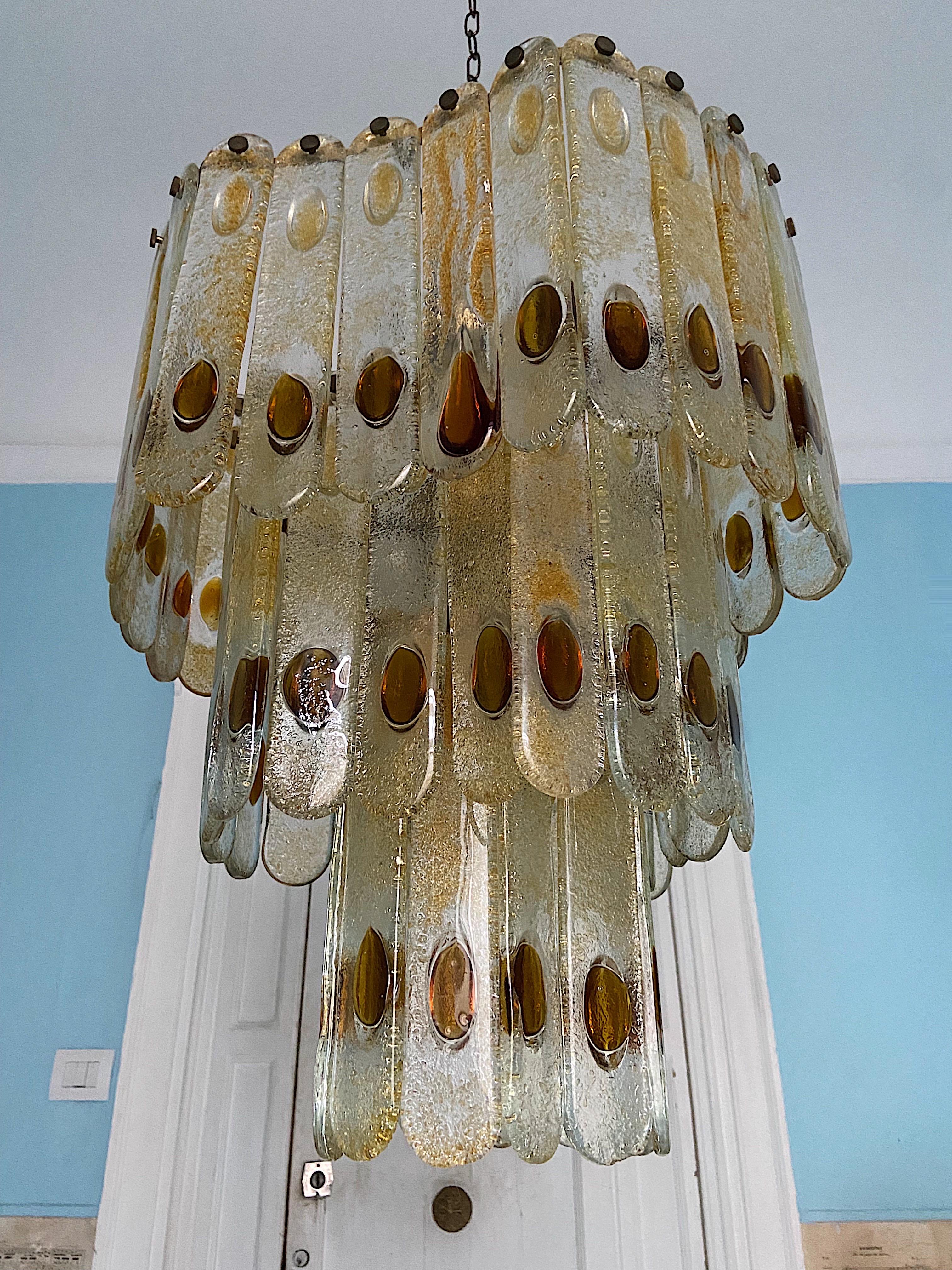 Large Italian Mazzega Murano Chandelier in Amber and Clear Glass, 1970s For Sale 1