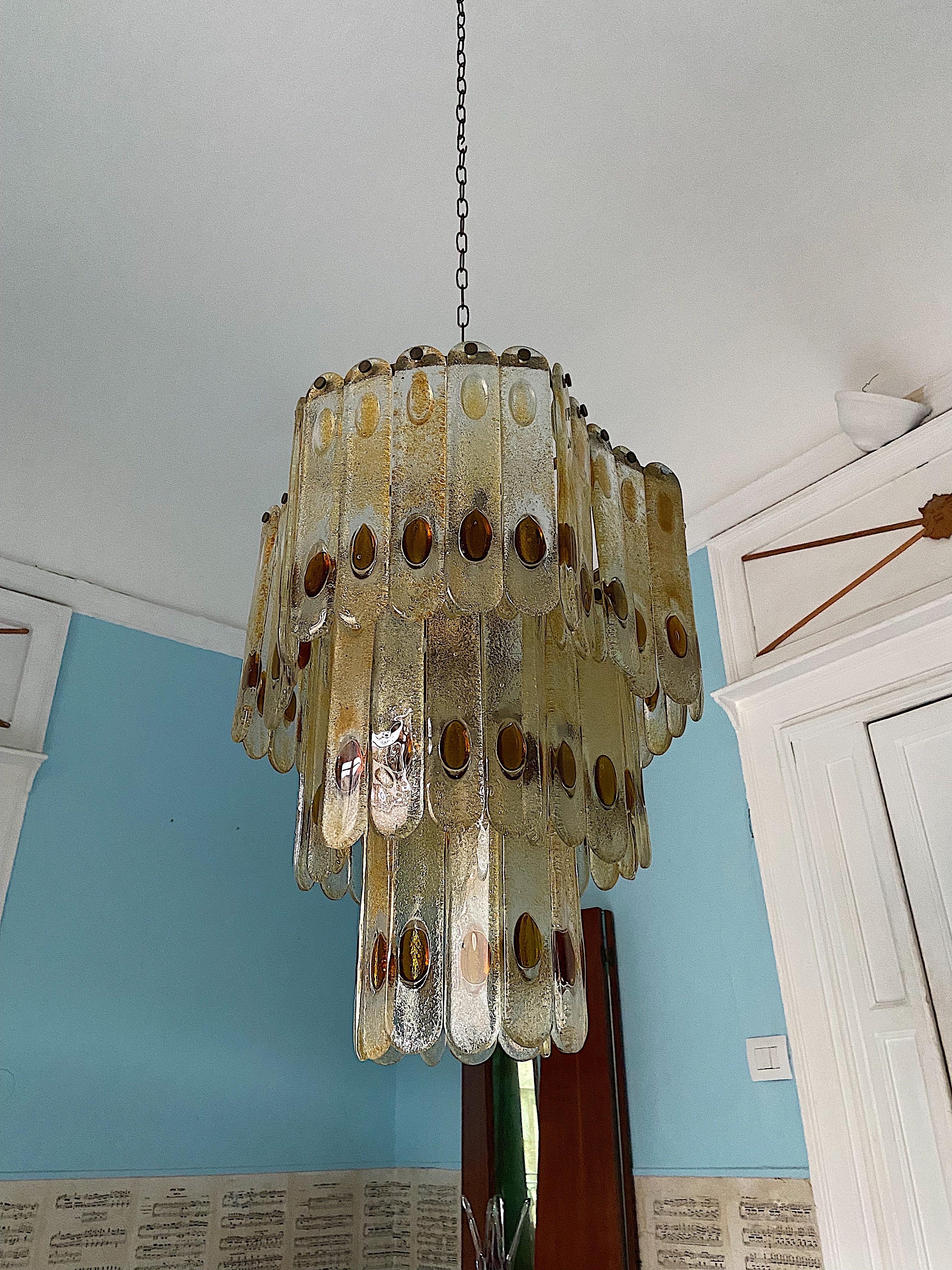 Large Italian Mazzega Murano Chandelier in Amber and Clear Glass, 1970s For Sale 2