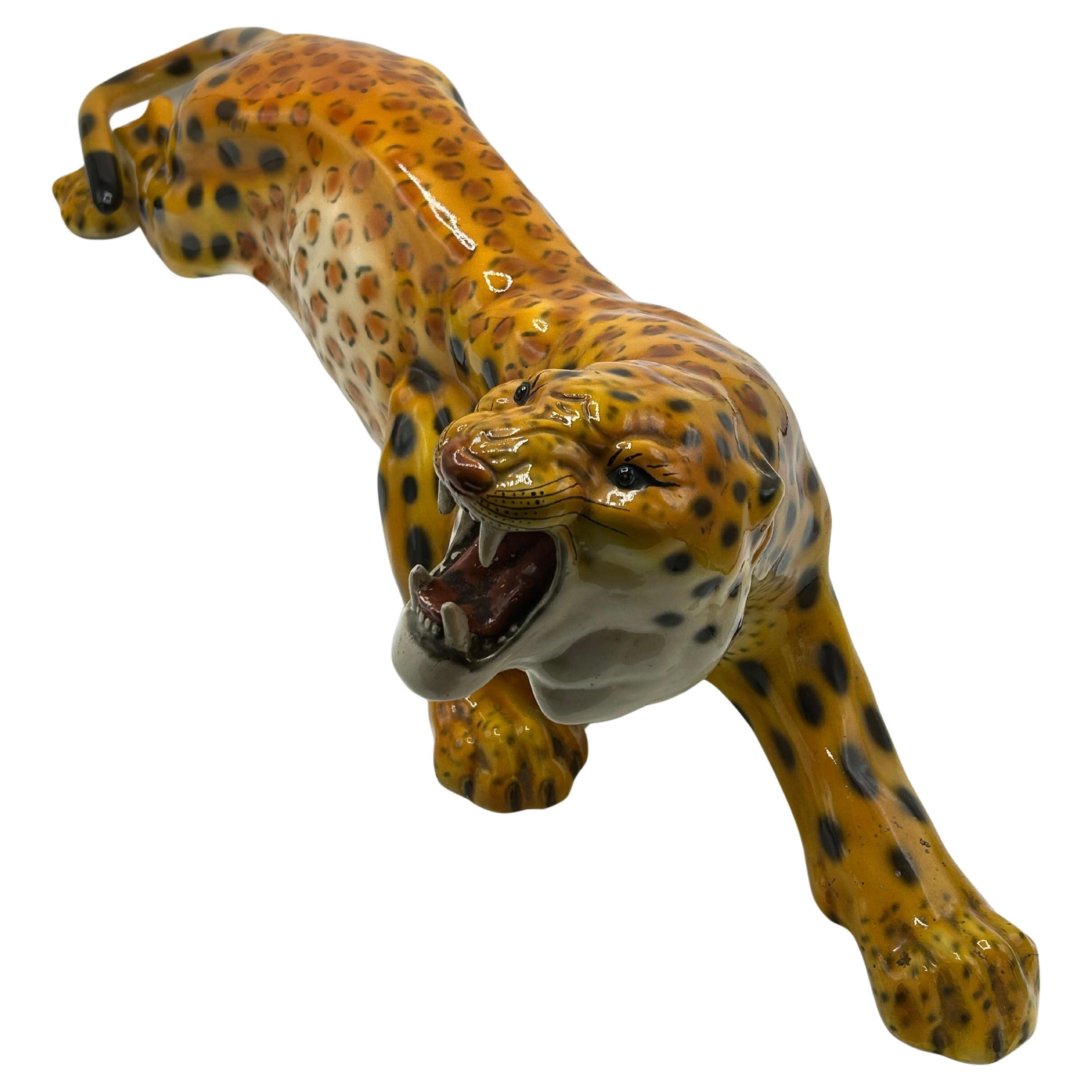 Large Italian Mid-Century Ceramic Leopard Sculpture, 1970s