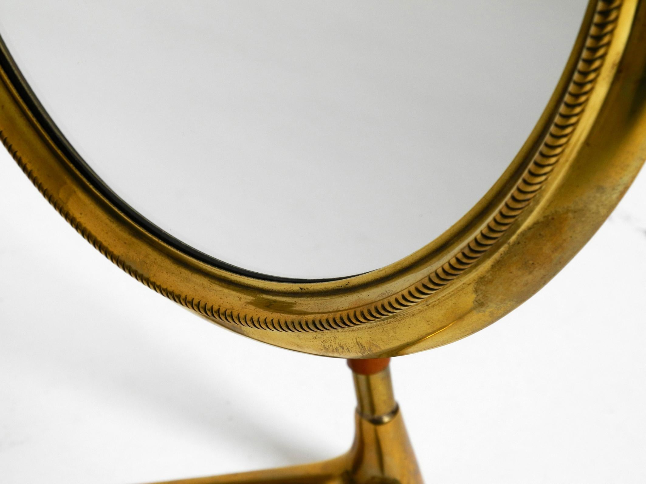 Large Italian Midcentury Crow's Foot Table Mirror Made of Brass and Leather 11