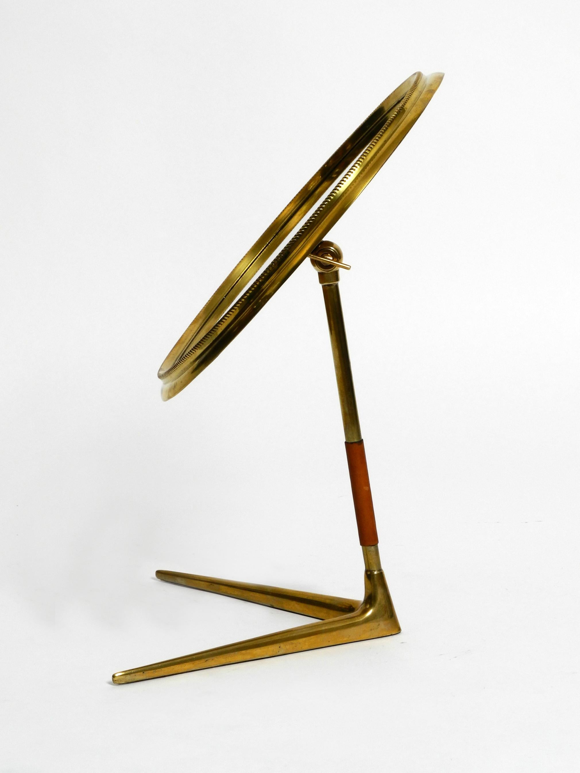 Mid-Century Modern Large Italian Midcentury Crow's Foot Table Mirror Made of Brass and Leather