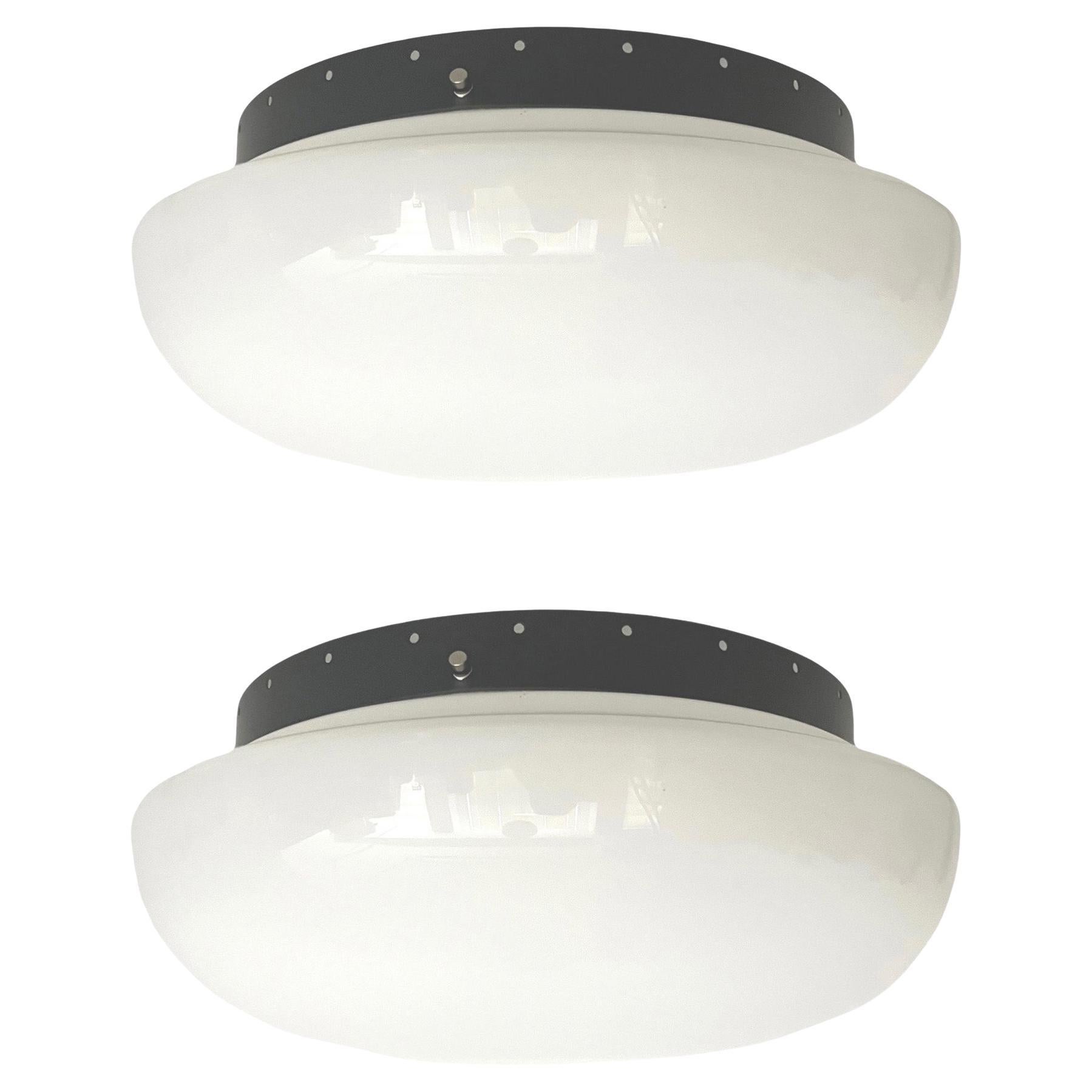 Large Italian Mid-Century Large Pair of White glass Flush Mounts by VeArt, 1970s For Sale