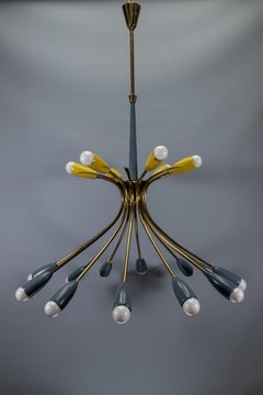 Large Italian Mid-Century Modern 18-Light Sputnik Chandelier Mint Green & Yellow