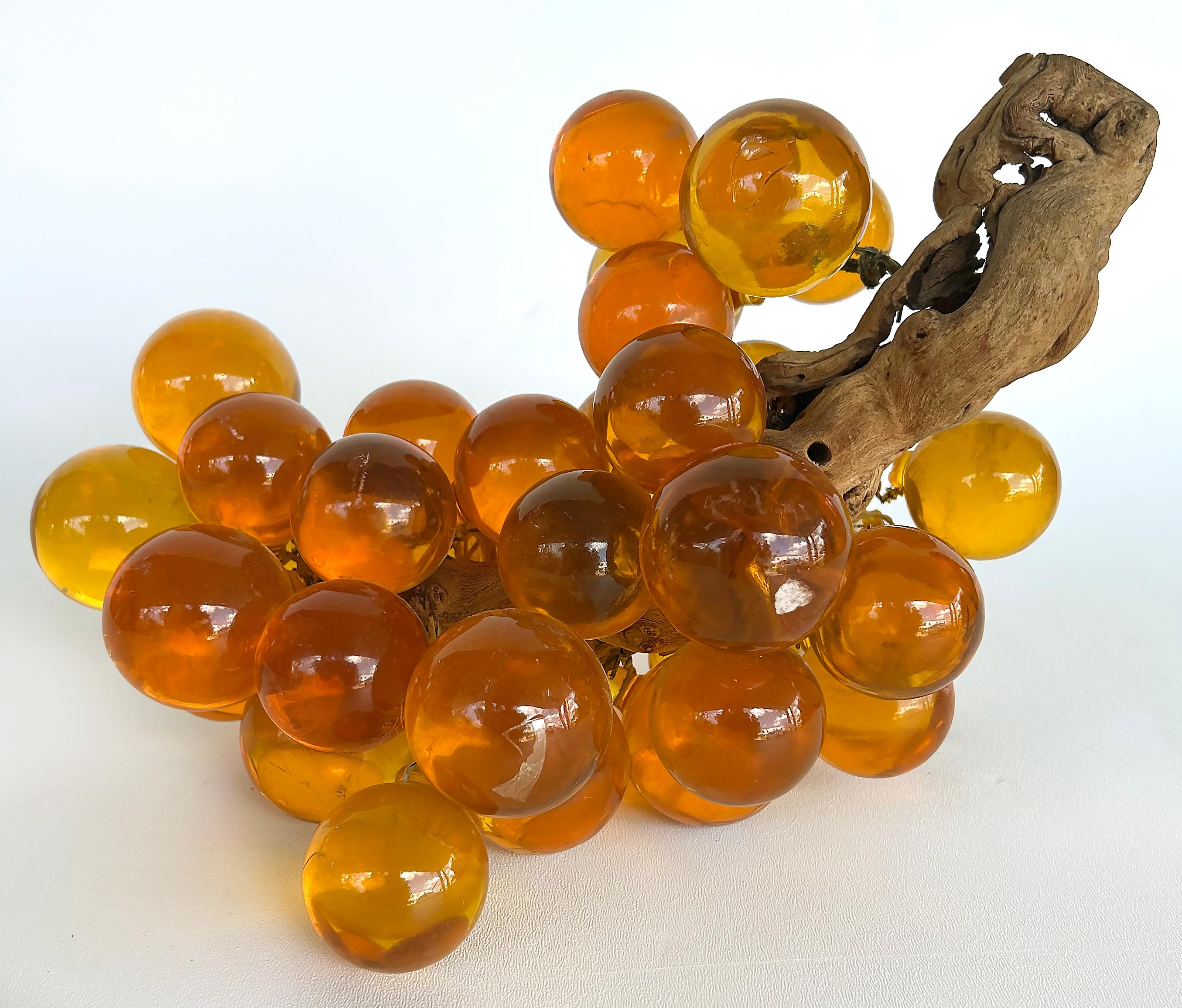 Large Mid-century Modern Amber Lucite Glass Grapes, Olive Branch Stem For Sale 4