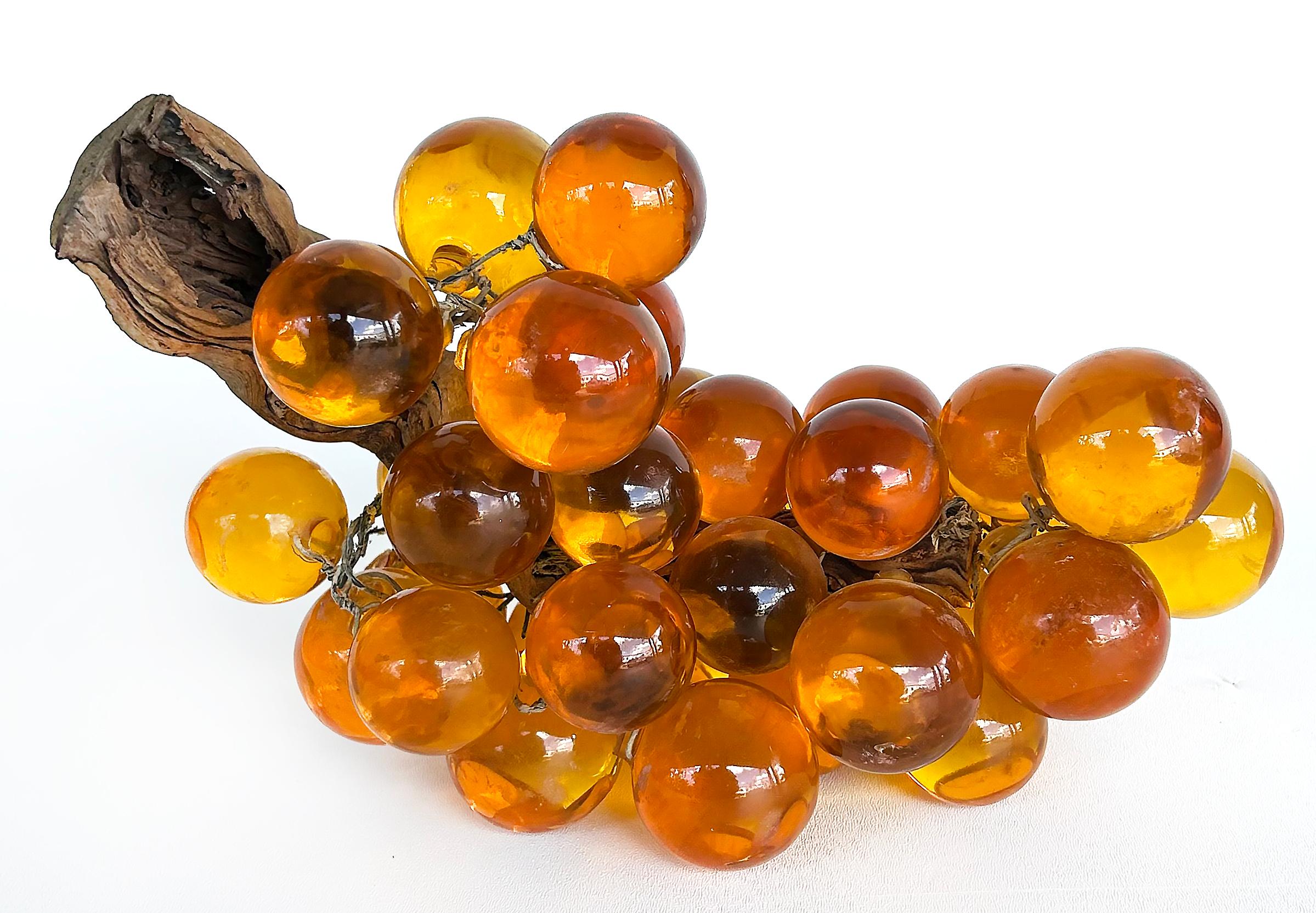 Mid-Century Modern Large Mid-century Modern Amber Lucite Glass Grapes, Olive Branch Stem For Sale