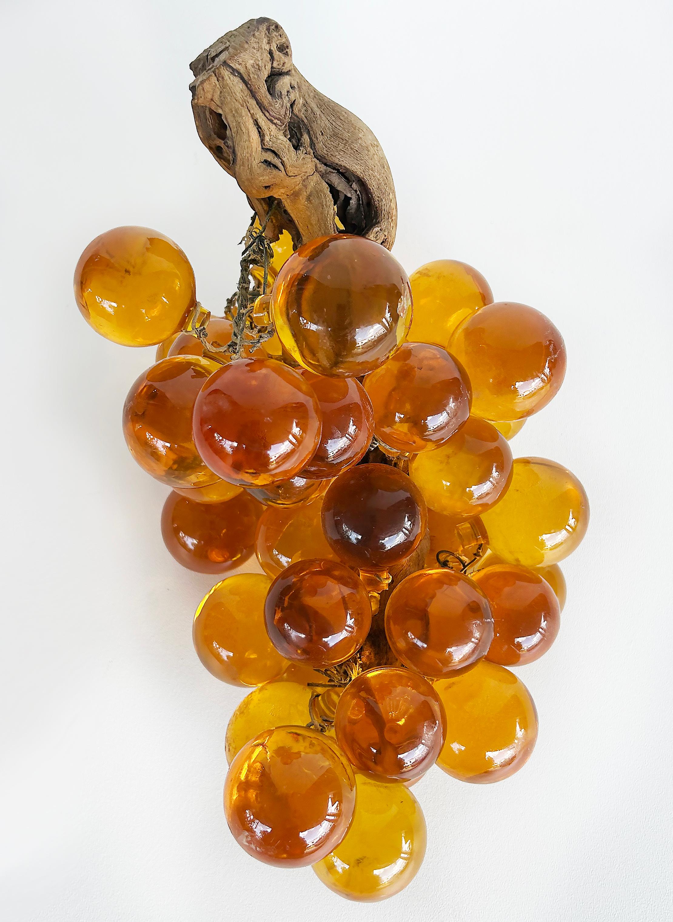 Italian Large Mid-century Modern Amber Lucite Glass Grapes, Olive Branch Stem For Sale