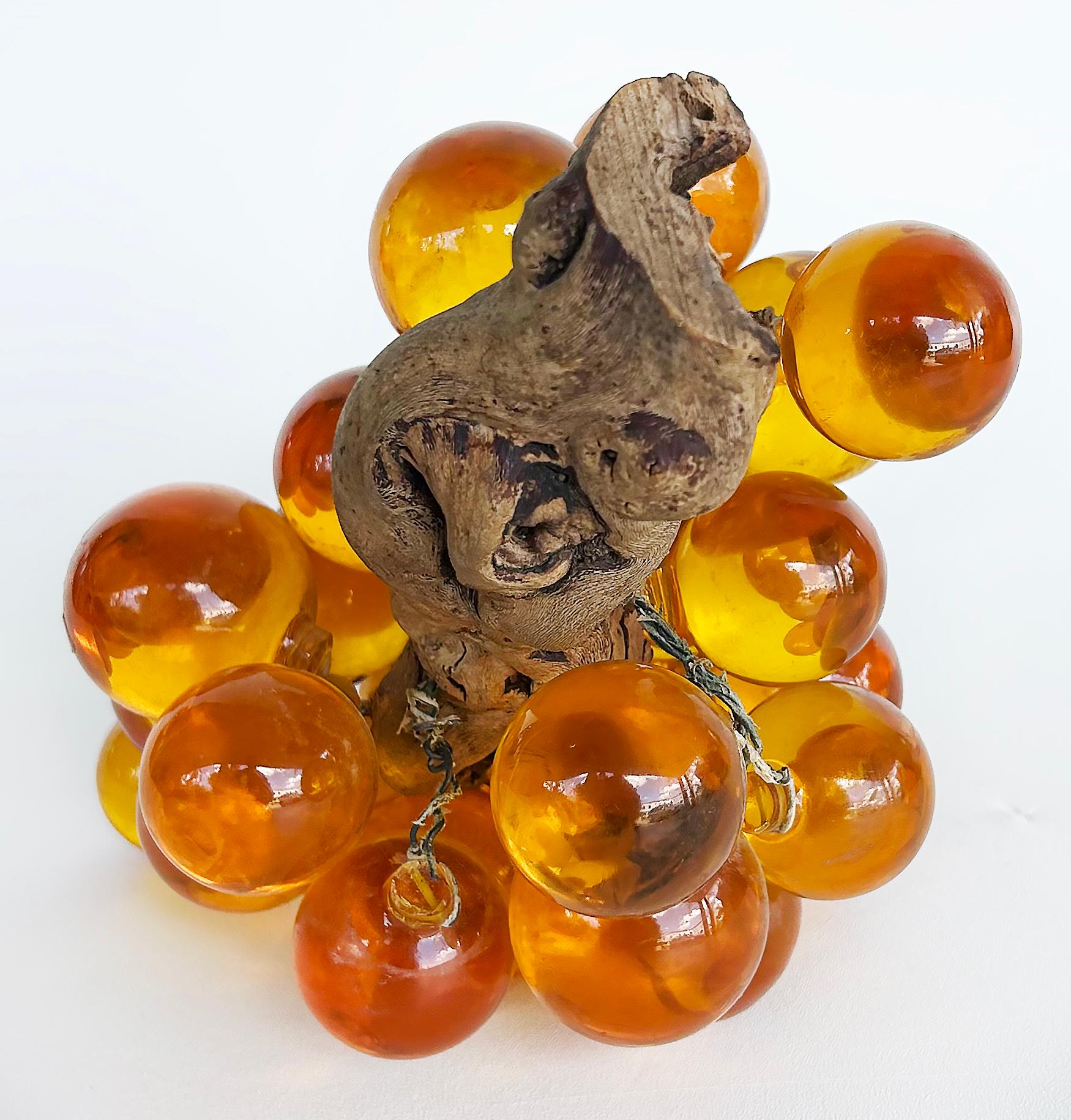 Large Mid-century Modern Amber Lucite Glass Grapes, Olive Branch Stem In Good Condition For Sale In Miami, FL