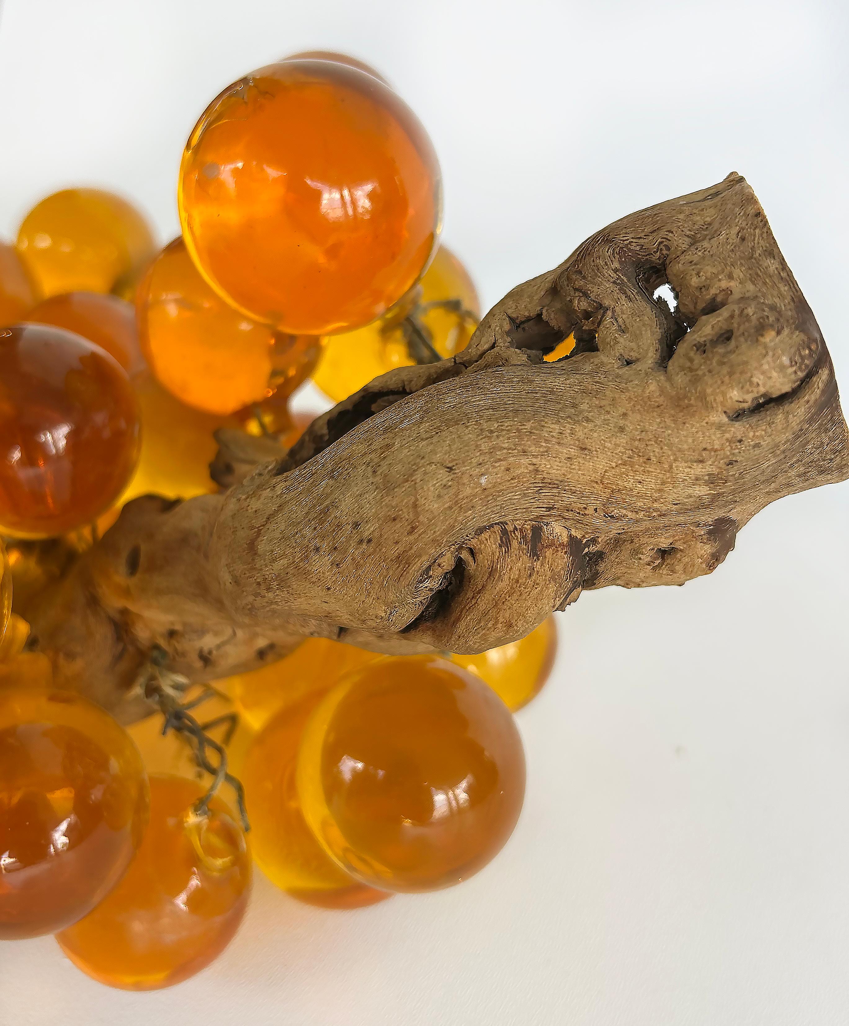 Large Mid-century Modern Amber Lucite Glass Grapes, Olive Branch Stem For Sale 1