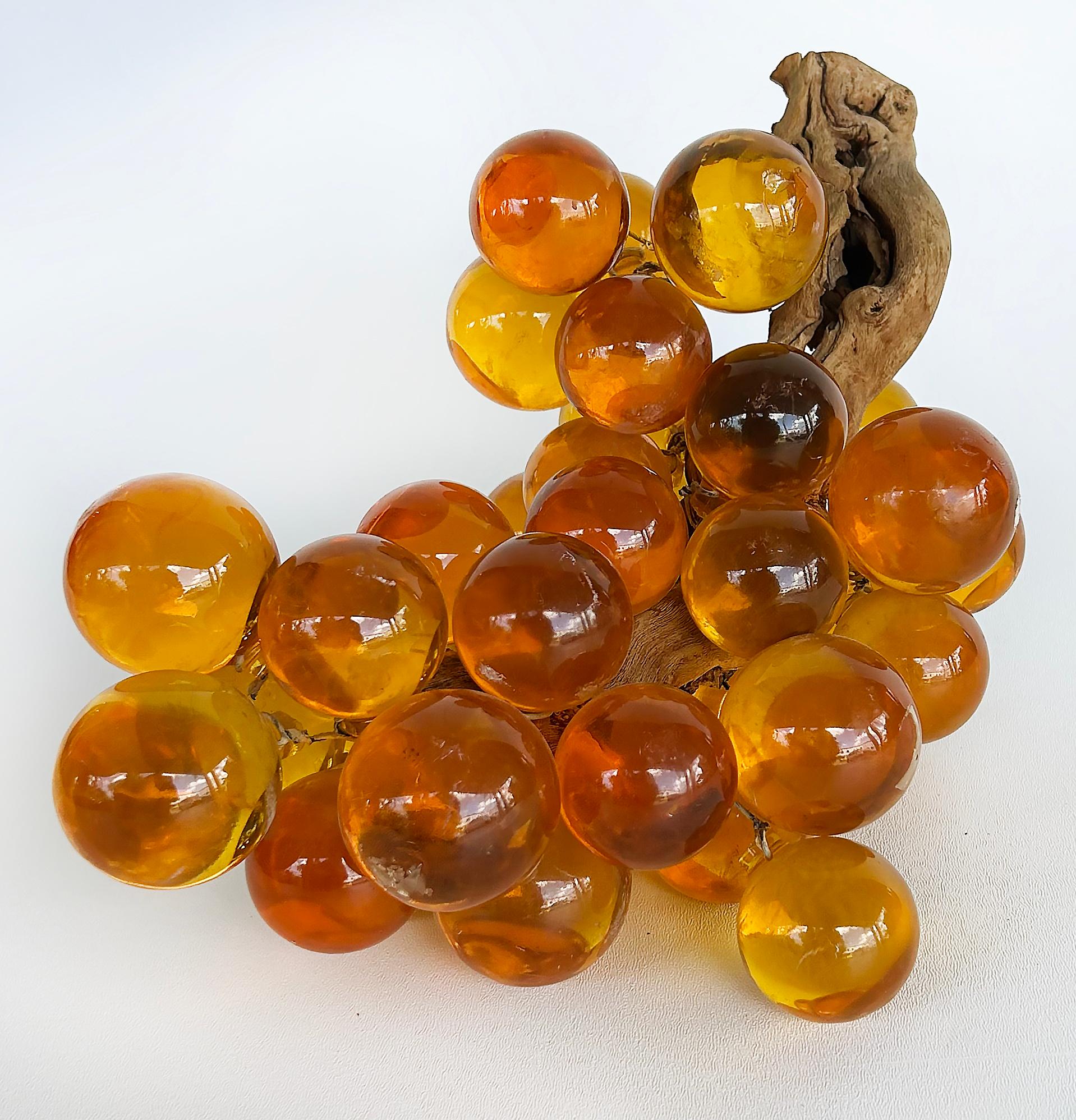Large Mid-century Modern Amber Lucite Glass Grapes, Olive Branch Stem For Sale 2