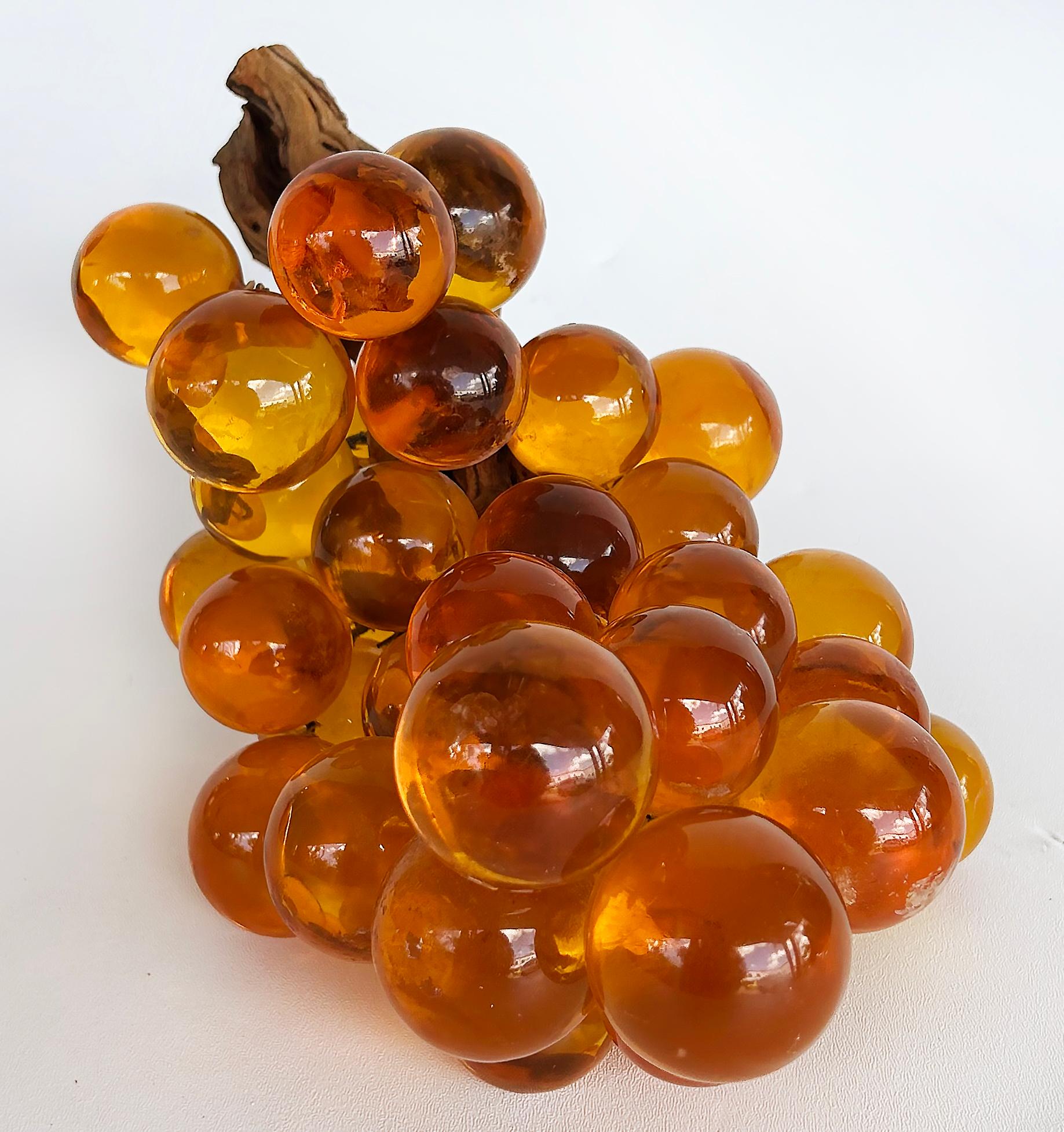 Large Mid-century Modern Amber Lucite Glass Grapes, Olive Branch Stem For Sale 3