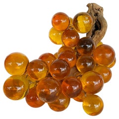 Large Mid-century Modern Amber Lucite Glass Grapes, Olive Branch Stem