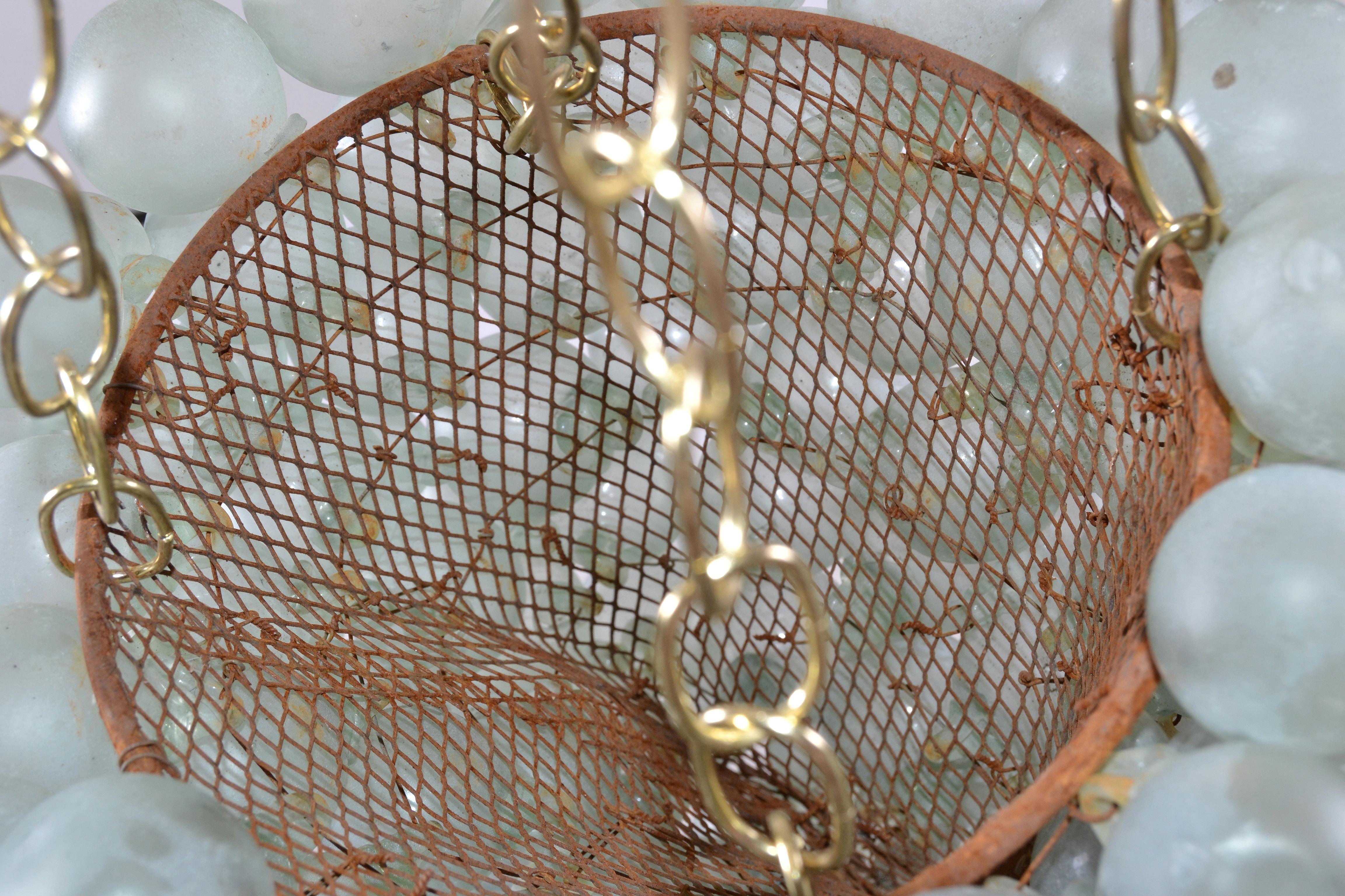 Large Italian Mid-Century Modern Blown Murano Glass & Brass Grape Chandelier For Sale 4