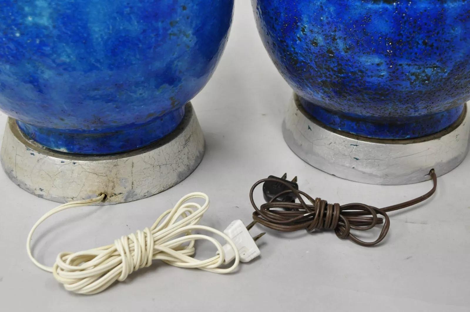 Large Italian Mid Century Modern Blue Lava Glazed Ceramic Table Lamps - a Pair For Sale 4