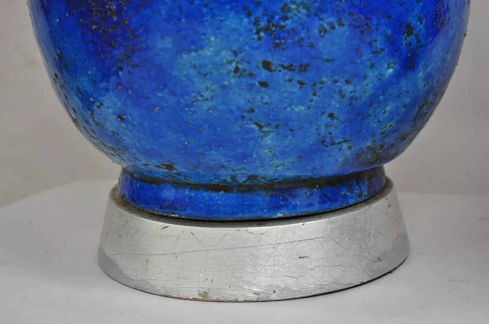 Large Italian Mid Century Modern Blue Lava Glazed Ceramic Table Lamps - a Pair For Sale 7