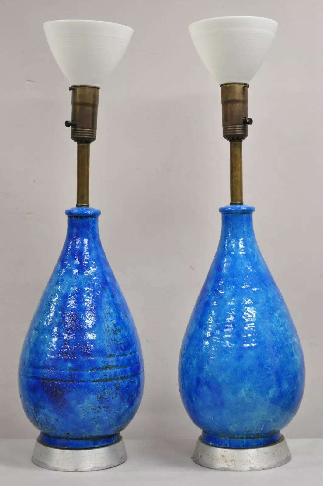Large Italian Mid Century Modern Blue Lava Glazed Ceramic Table Lamps - a Pair For Sale 8