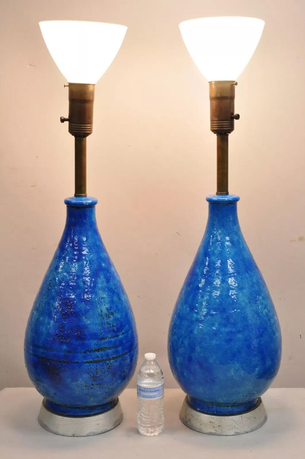 Large Vintage Italian Mid Century Modern Blue Lava Glazed Sculptural Bulbous Ceramic Table Lamps - a Pair. Circa Mid 20th Century. Measurements: 39