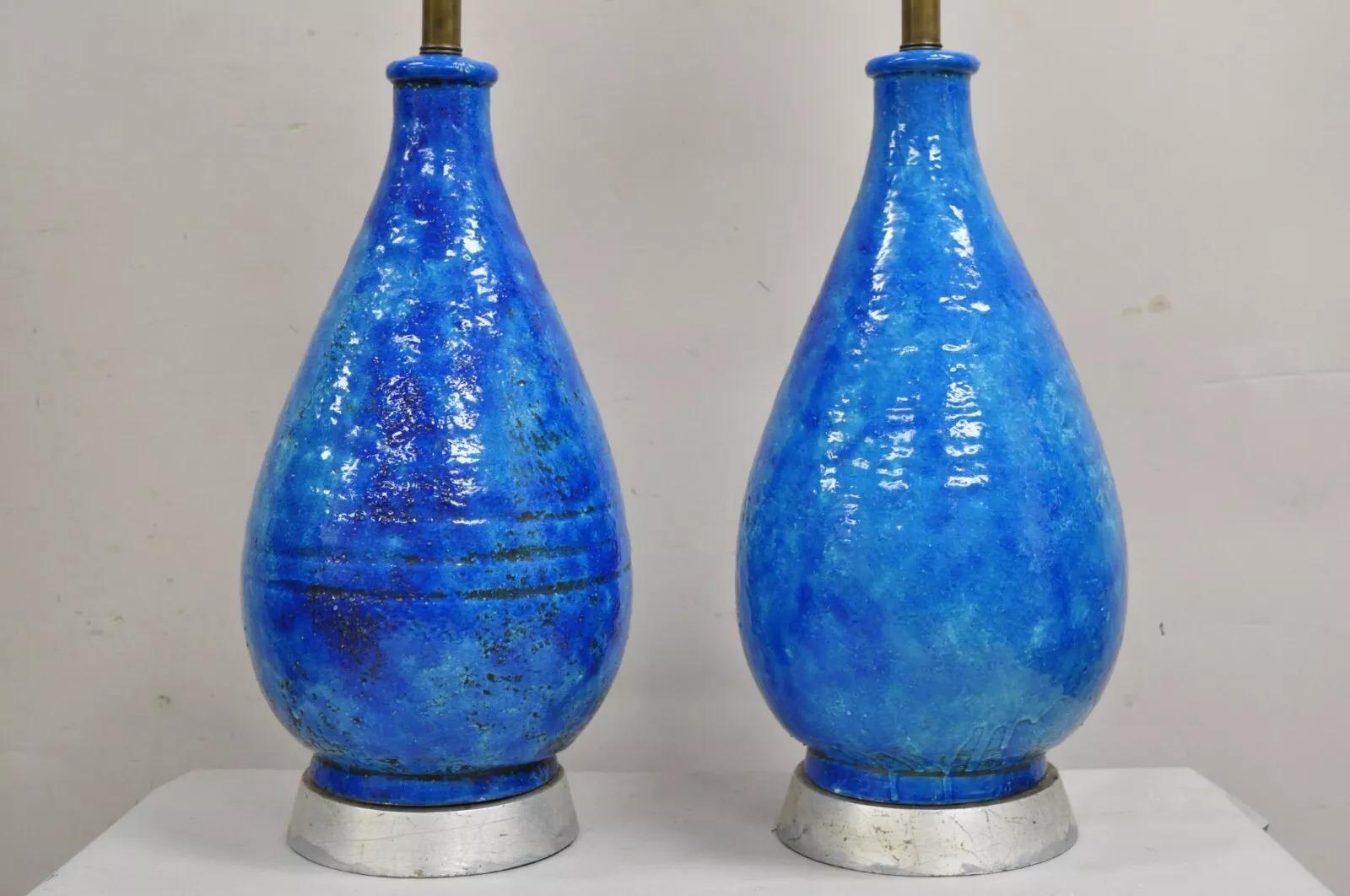 Mid-Century Modern Large Italian Mid Century Modern Blue Lava Glazed Ceramic Table Lamps - a Pair For Sale