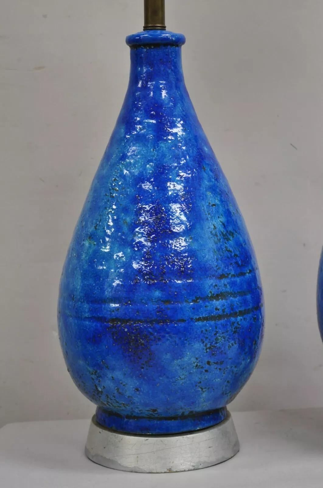 20th Century Large Italian Mid Century Modern Blue Lava Glazed Ceramic Table Lamps - a Pair For Sale