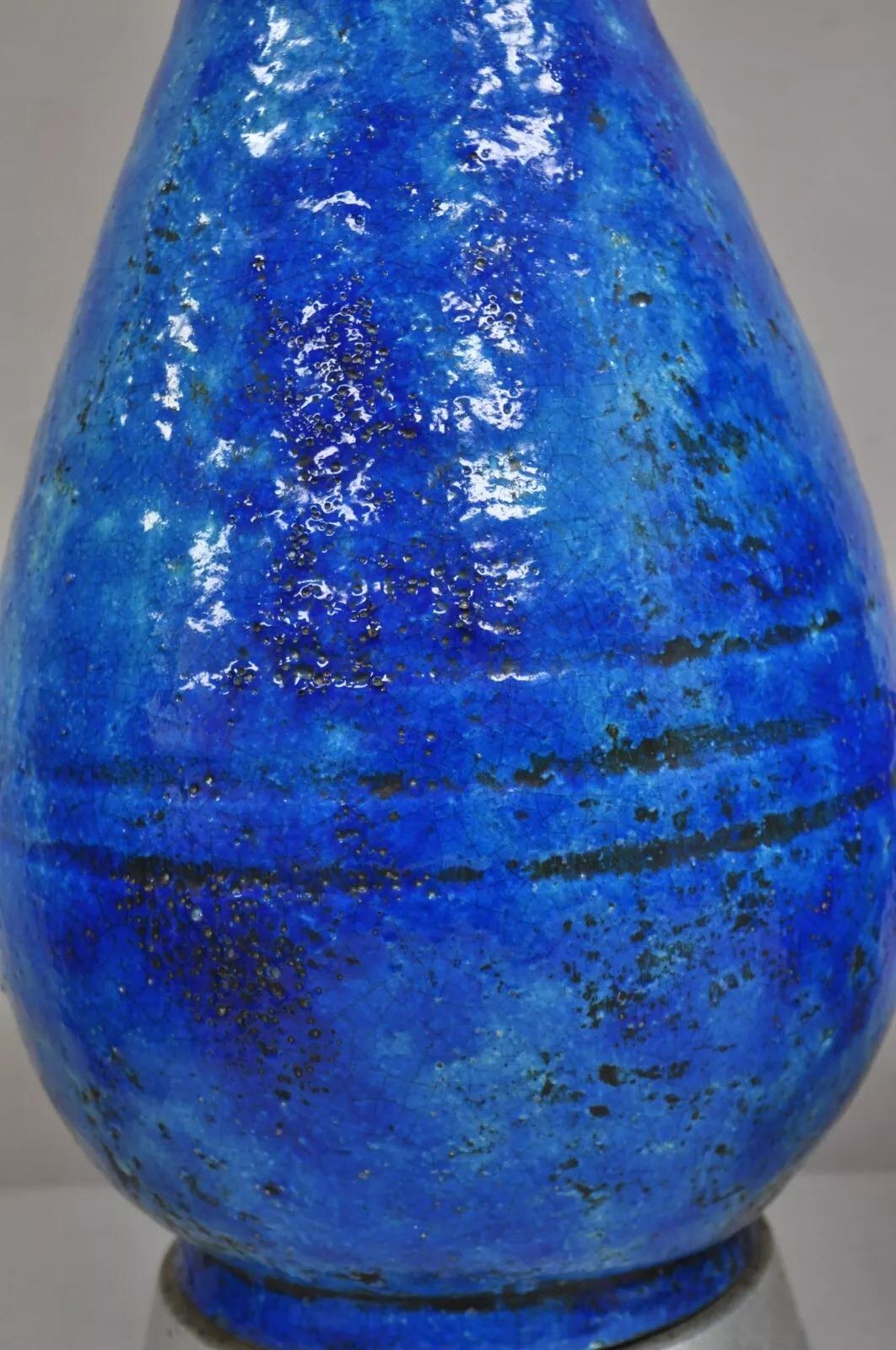Large Italian Mid Century Modern Blue Lava Glazed Ceramic Table Lamps - a Pair For Sale 1