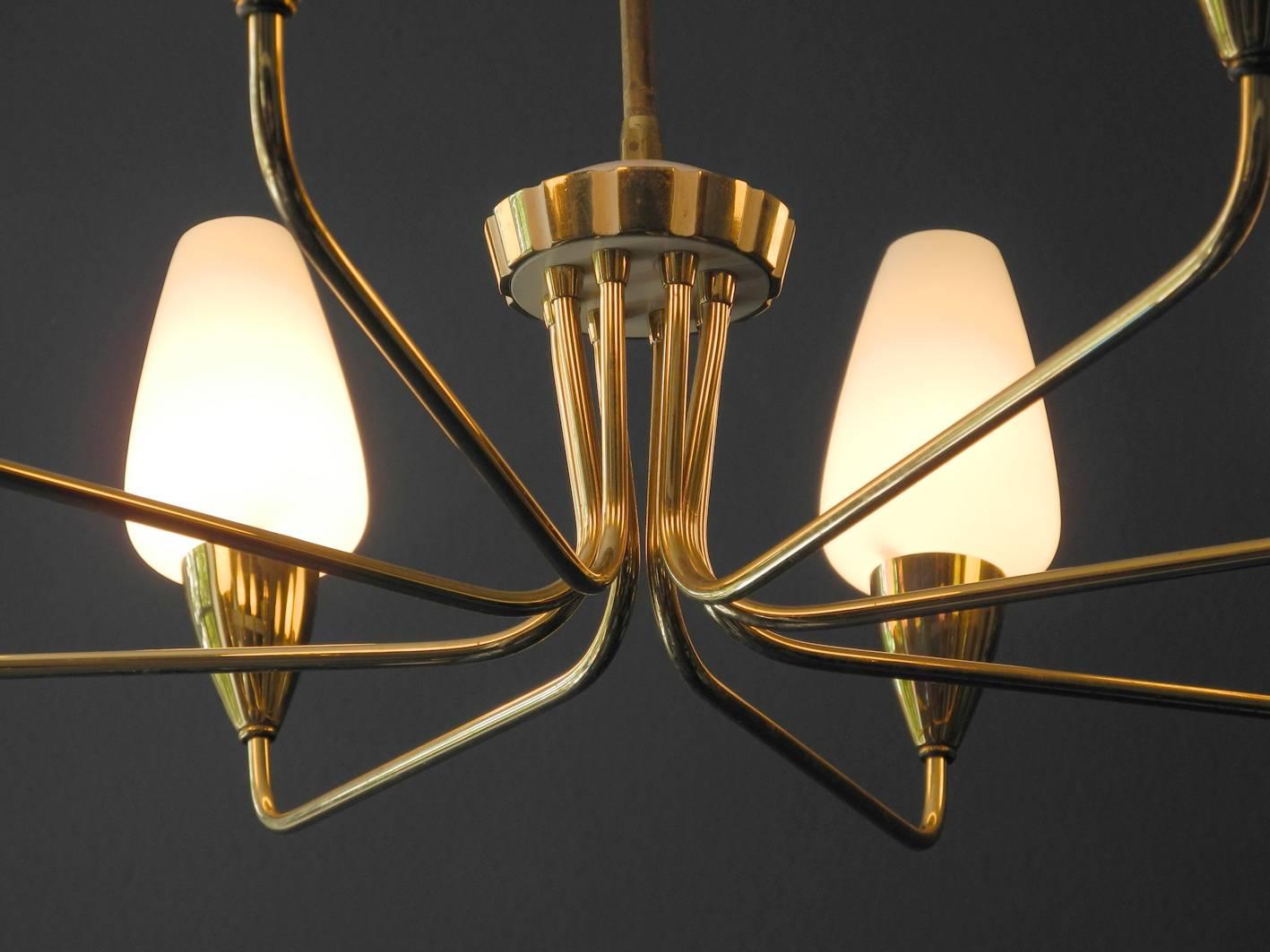 Large Italian Mid-Century Modern Brass Chandelier with Glass Shades 6