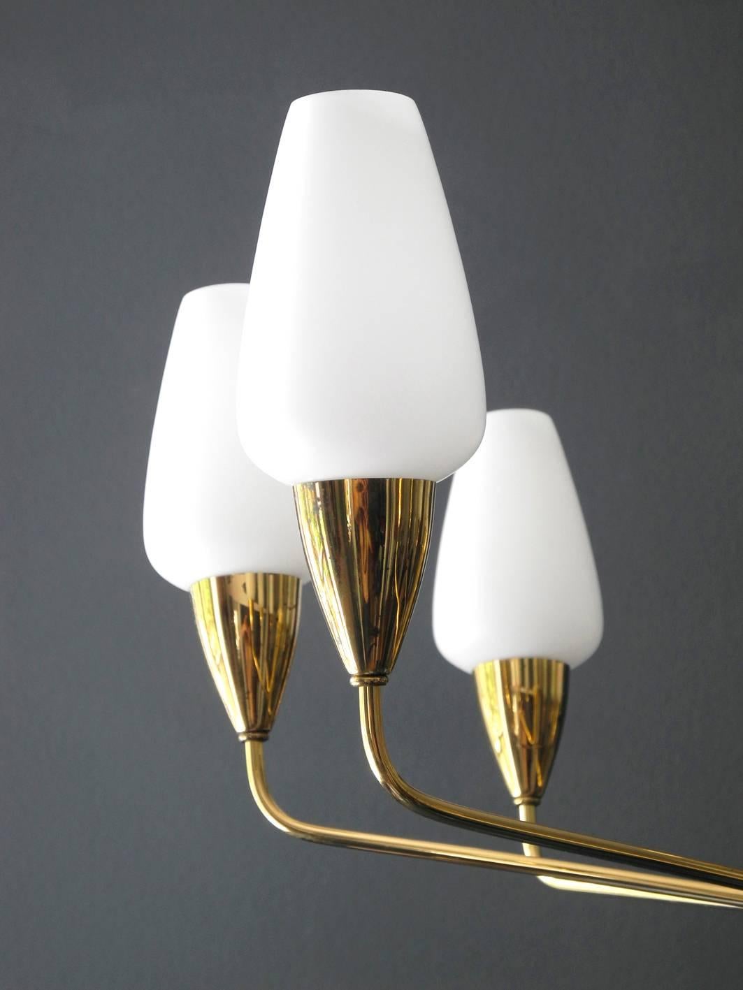 Mid-20th Century Large Italian Mid-Century Modern Brass Chandelier with Glass Shades