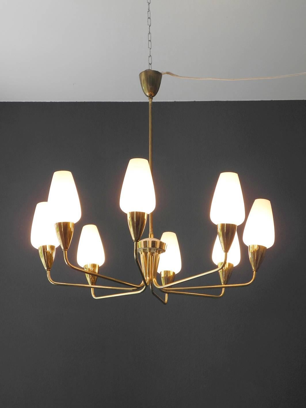 Large Italian Mid-Century Modern Brass Chandelier with Glass Shades 3