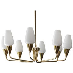 Large Italian Mid-Century Modern Brass Chandelier with Glass Shades