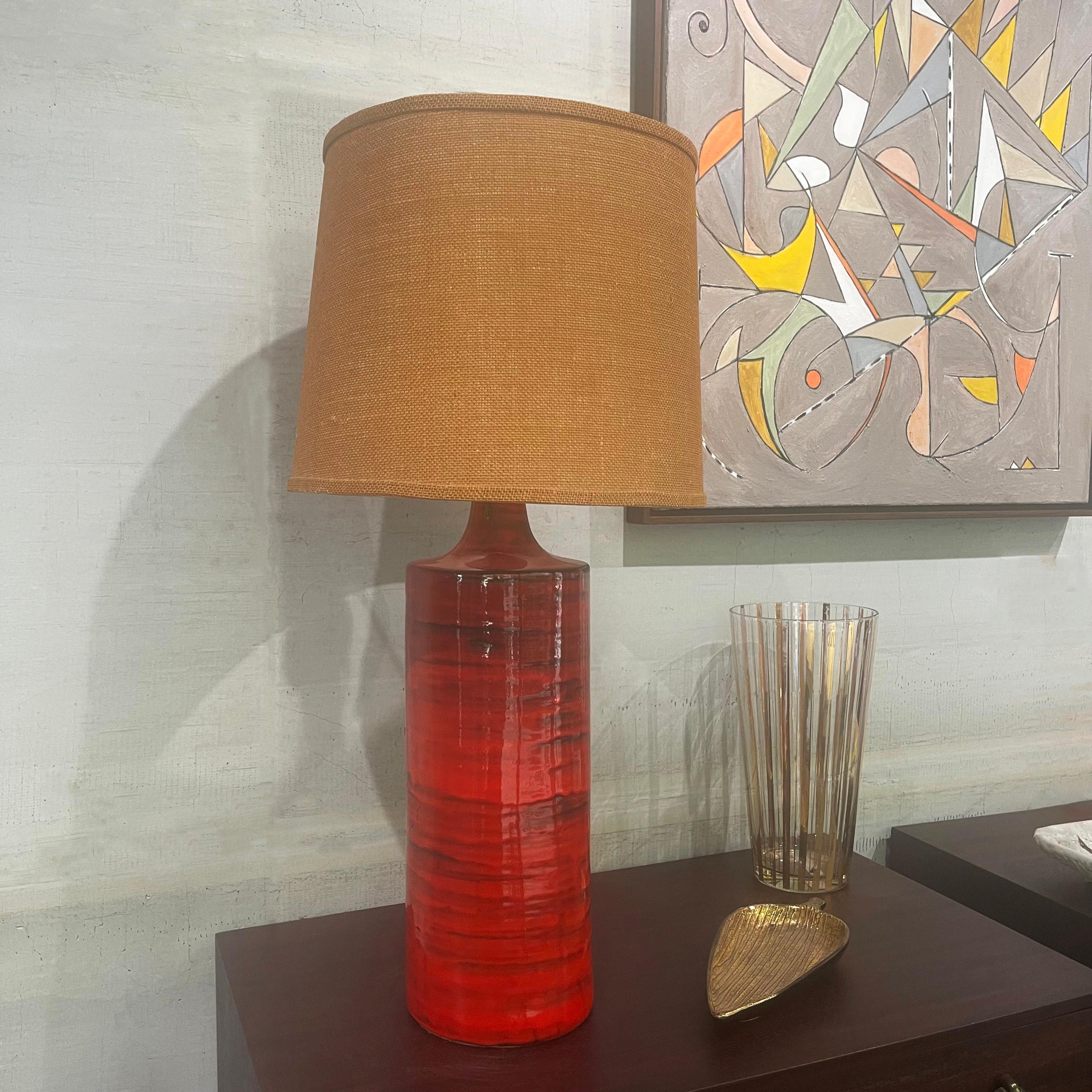 Glazed Large Italian Mid-Century Modern Orange Art Pottery Table Lamp For Sale